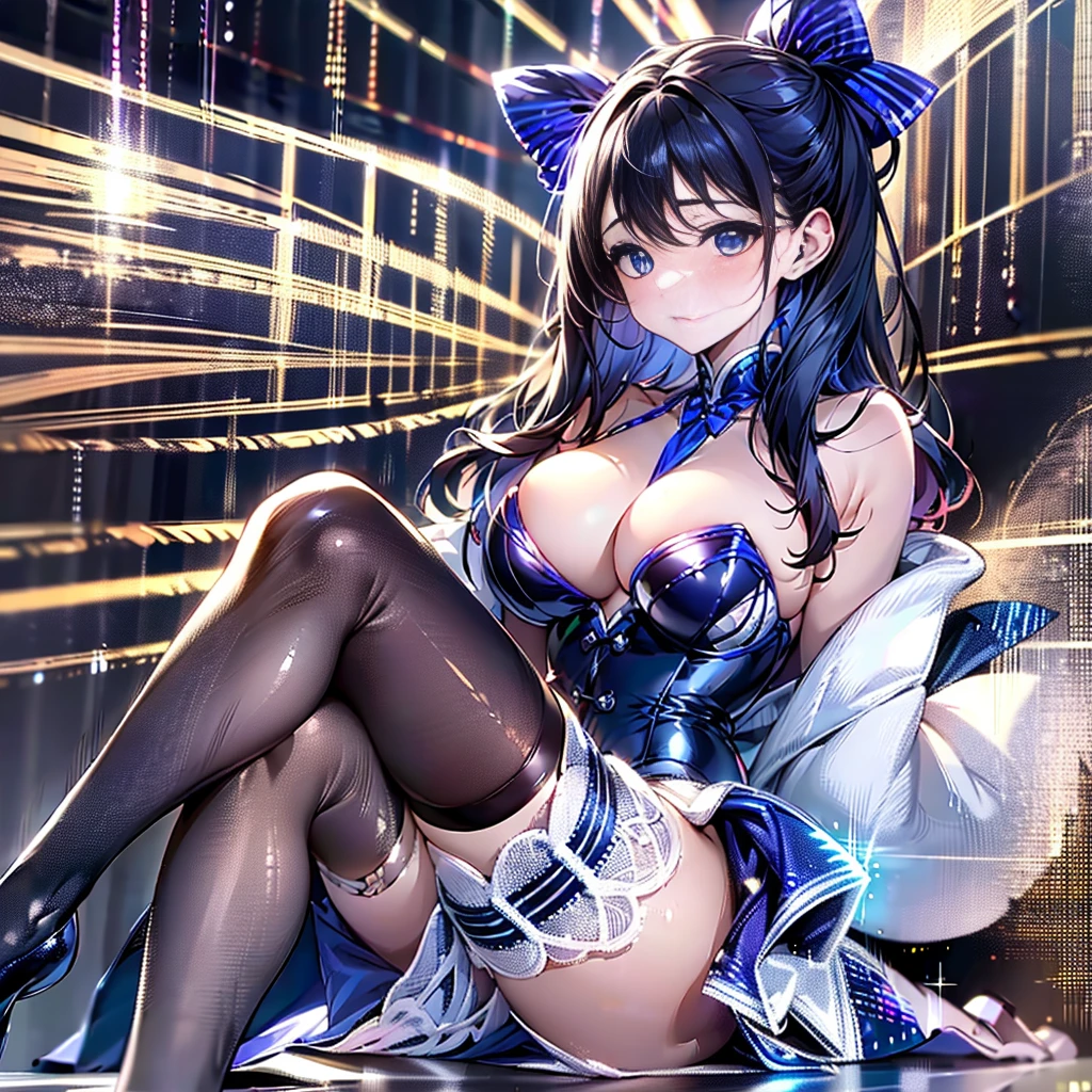 ((Raw photo、highest quality、High resolution、nffsw、highest quality、precision processing、Portrait、3D、pureerosface_v1:0.7、light particle filter on background、ray tracing、)、((( Shiny dark blue corset、Dark blue BDSM outfit、Bold、1Girl of Man,Fishnet tights、Tight Skirt、)))((((dark blue wavy hair、cleavage emphasis、big breasts:4.0、thin legs、blue eyes、Detailed depiction of limbs、small nose、attractive body、No sleeve、I'm holding your hand、high heels、18-year-old、Very pretty girl、Number of fingers5Book、beautiful feet、足は2Book、Condescending to the audience、))))、cross your legs、