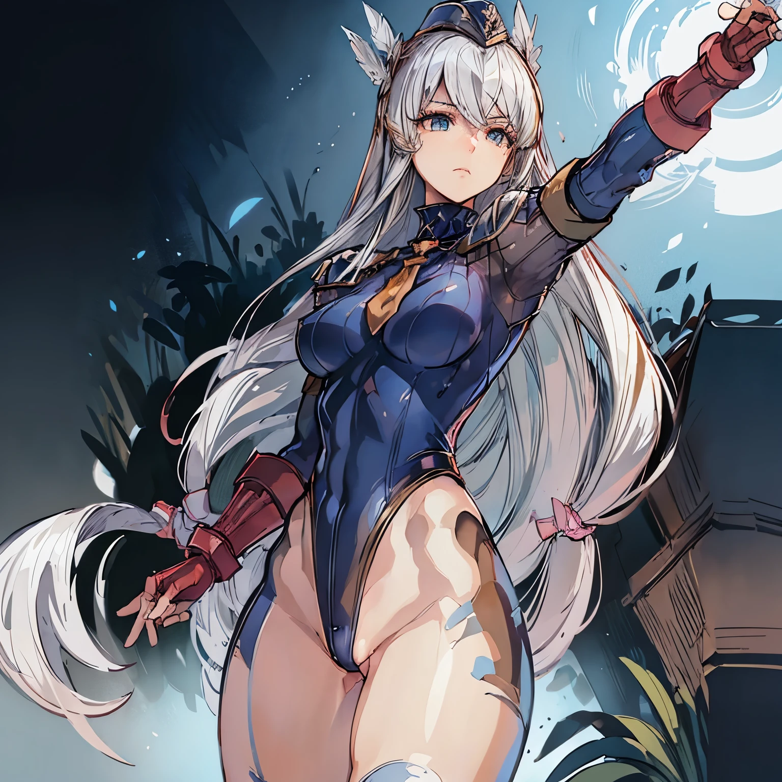 ultra-detailed, Explicit, Beautiful body, Beautiful Nose, Beautiful character design, perfect eyes, perfect face, ultra highres, 4K, beautiful legs, perfect legs, Nice hands, Perfect hand, Masterpiece, Best Quality, Highly detailed, illustration, absurdres, perfect anatomy, street fighter, doll suit, shadaloo doll, dollsuit, expressionless, blank eyes, looking at viewer, red gloves, emotionless, black latex, corrution, mind control, female combatant, full body, hypnotized, unhappy trance, full body suit, ribbed bodysuit, both arms at side, obey, perfect female body, extremely glossy latex, hypnosis, hypnoLora, empty eyes, Mind control device, poses, submissive_pose, Slave, hat, necktie, stand up straight, standing, standing at attention, hat, necktie, belt, latex, ribbed bodysuit, thighhighs, garter belt, Fighting Stance, extending the right arm from the shoulder into the air with a straightened hand, military, thigh boots, 1girl, Lenneth, Valkyrie Profile, long hair, white hair, blue eyes, hair ornaments, valkyrie, feather wings