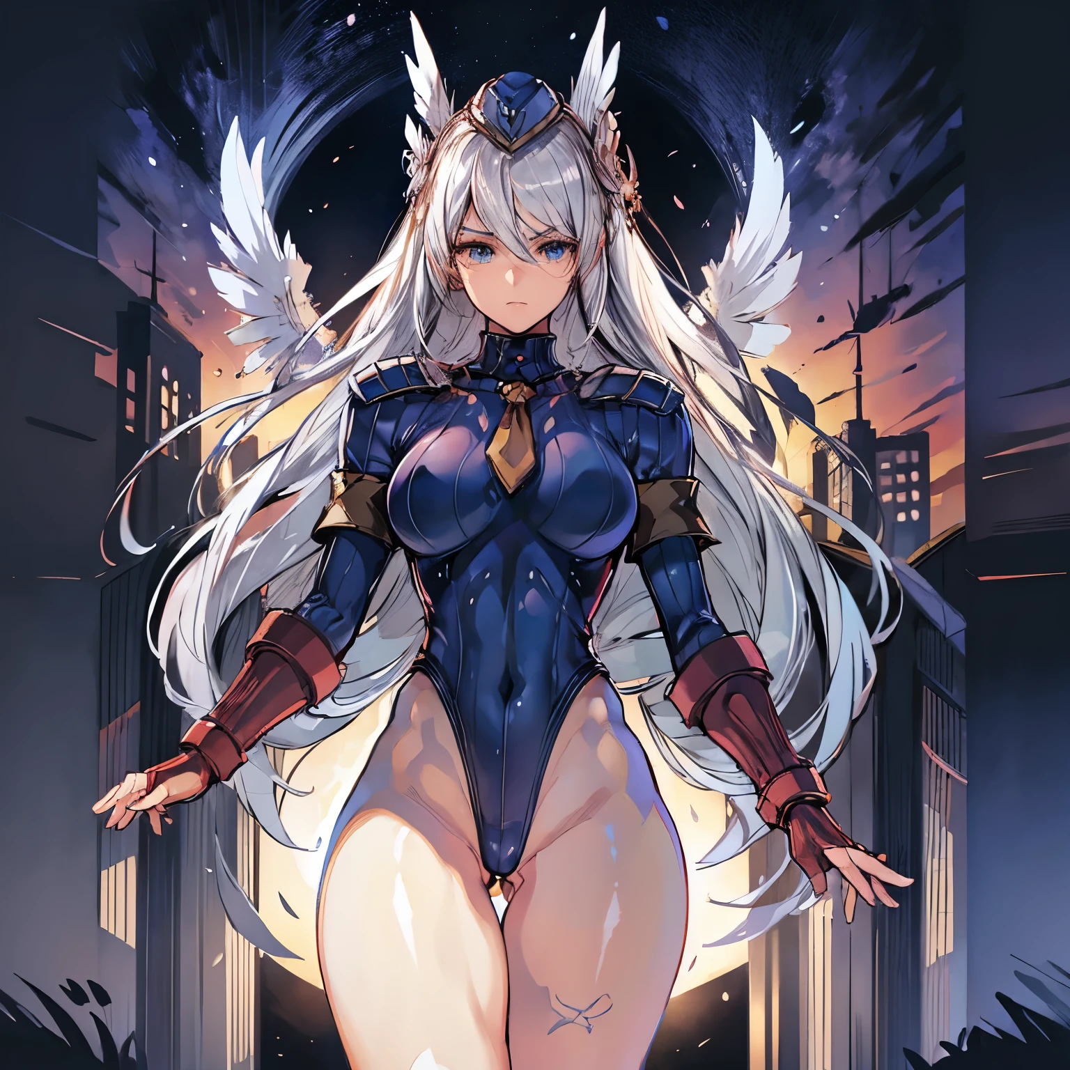 ultra-detailed, Explicit, Beautiful body, Beautiful Nose, Beautiful character design, perfect eyes, perfect face, ultra highres, 4K, beautiful legs, perfect legs, Nice hands, Perfect hand, Masterpiece, Best Quality, Highly detailed, illustration, absurdres, perfect anatomy, street fighter, doll suit, shadaloo doll, dollsuit, expressionless, blank eyes, looking at viewer, red gloves, emotionless, black latex, corrution, mind control, female combatant, full body, hypnotized, unhappy trance, full body suit, ribbed bodysuit, both arms at side, obey, perfect female body, extremely glossy latex, hypnosis, hypnoLora, empty eyes, Mind control device, poses, submissive_pose, Slave, hat, necktie, stand up straight, standing, standing at attention, hat, necktie, belt, latex, ribbed bodysuit, thighhighs, garter belt, Fighting Stance, extending the right arm from the shoulder into the air with a straightened hand, military, thigh boots, 1girl, Lenneth, Valkyrie Profile, long hair, white hair, blue eyes, hair ornaments, valkyrie, feather wings