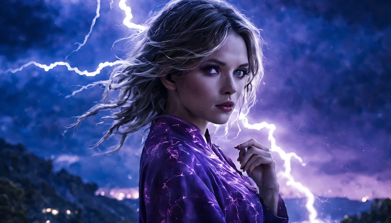 Uma jovem garota de corpo inteiro (Michelle Pfeiffer), Zenistu, e com roupas rosas e brancas, Purple and White Lightning, cabelos brancos, Purple eyes, Sky Lightning, Fio Eletroluminescente, magic sparks, enchanted magical fantasy. Peach Blossom Land, heaven, Jogo CG, Hand Painted Style, 8k, Ultra HD | |, arte digital conceitual, Azure azul e cinza,(Very detailed, A huge amount of purple lightning shot out from the girl'the hand and hit the city, lightning clouds, Atmospheric lightning, Pink Lightning, with thunderstorms, Tempestade escura with lightning bolts, Dramatic purple lightning, raios no heaven, contrast lightning, trovoada no heaven, lightning in the background, with lightning bolts, Reasonable design, linhas claras, Alta nitidez, melhor qualidade, master part, 4k ).