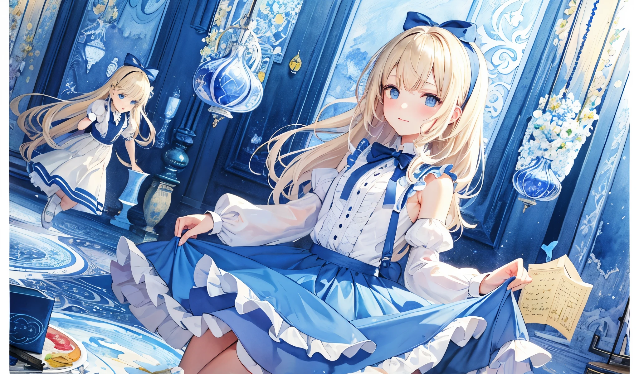 Anime girl in a blue dress with a white dress and a blue bow - SeaArt AI
