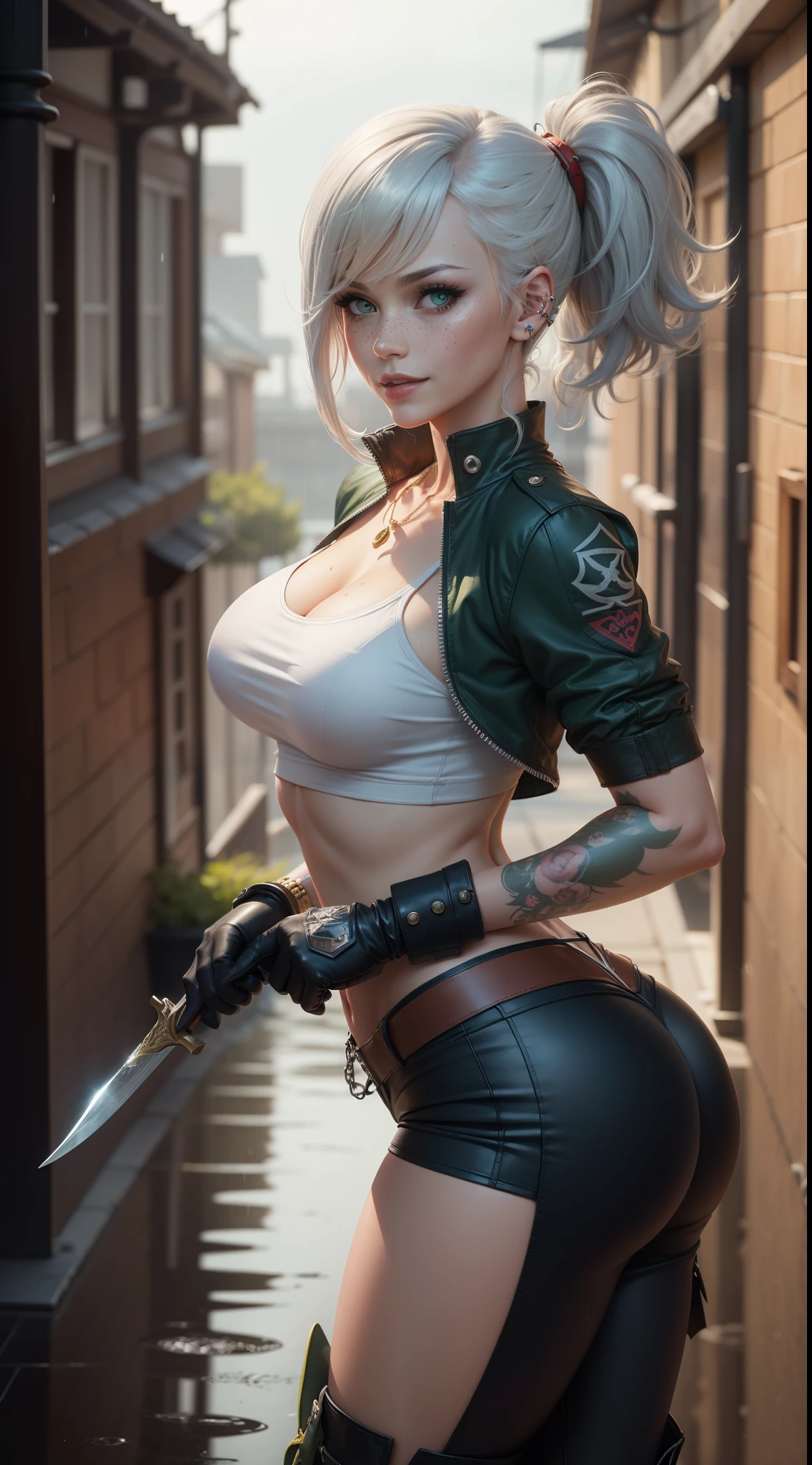gwen tennyson,yorha 2b,akali,mordred,tracer, samus aran,overwatch,atelier ryza,close up,yakuza mansion,dragon tattoos,white and gold plugsuit,black short sleeve sport top,chain wallet,royal blue short sleeve punk jacket,royal blue cargo pants,short punk hair,punk makeup,green eyes,multicolored silver hair,punk gloves,sexy smile,freckles,beautiful girl,military boots,large breasts,8k,ultra detailed,realistic,fantasy art,hair pin,wet body,ear piercings,(weather:rainy),1girl, gold neck, hand, waist and head jewelry,hunting knife,