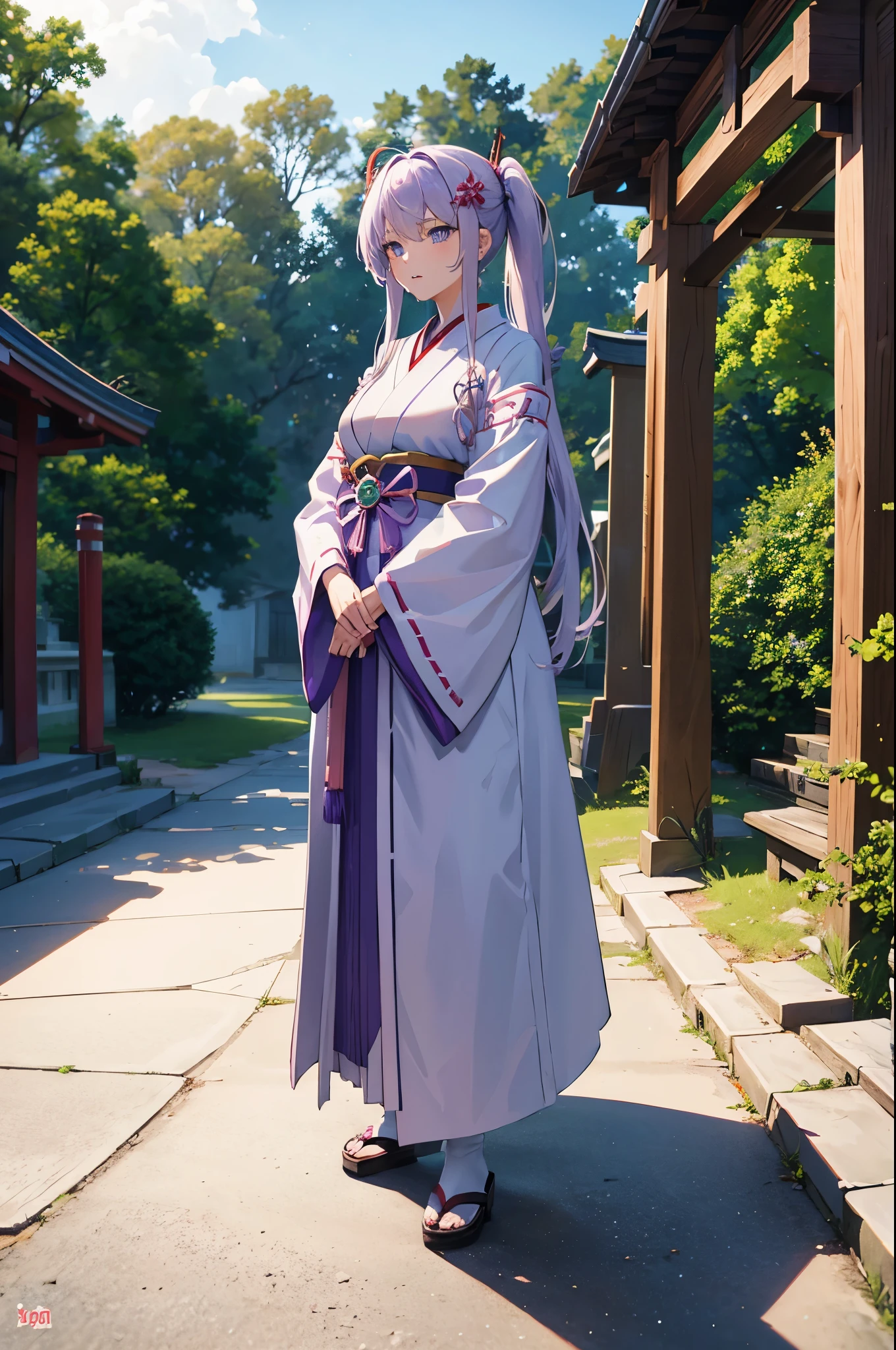 1woman, light purple hair, blue eyes, shrine maiden clothes, standing on ground, high res, ultra sharp, 8K, masterpiece