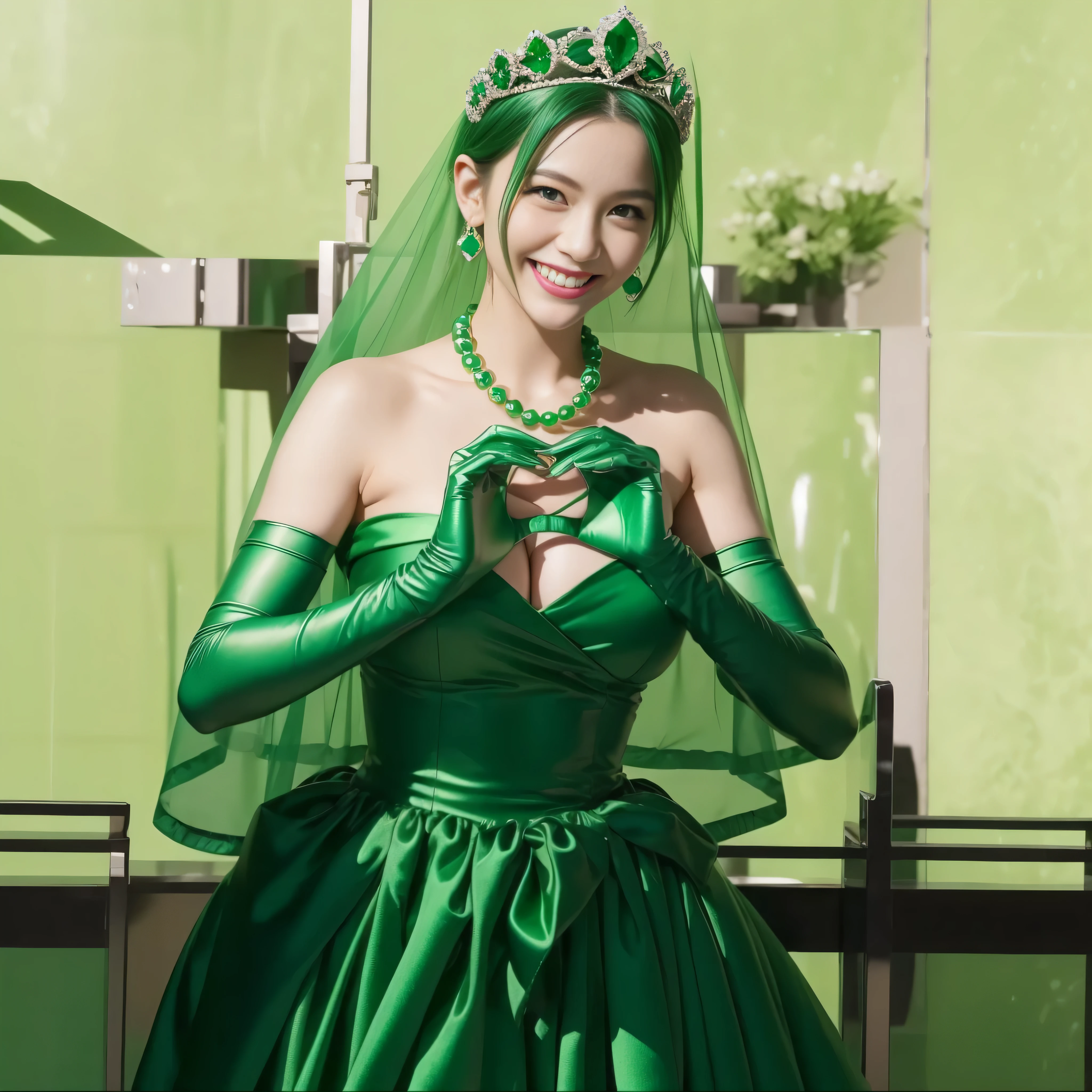 emerald tiara, green pearl necklace, ボーイッシュな非常に短いgreen hair, lipstick, Smiling woman in her 30s, very short hair,  Beauty with large breasts, green eyes, Long Green Satin Gloves, green eyes, emerald earrings, green veil, heart with both hands, green hair, Beautiful woman in her 30s, heart shaped hand:1.3