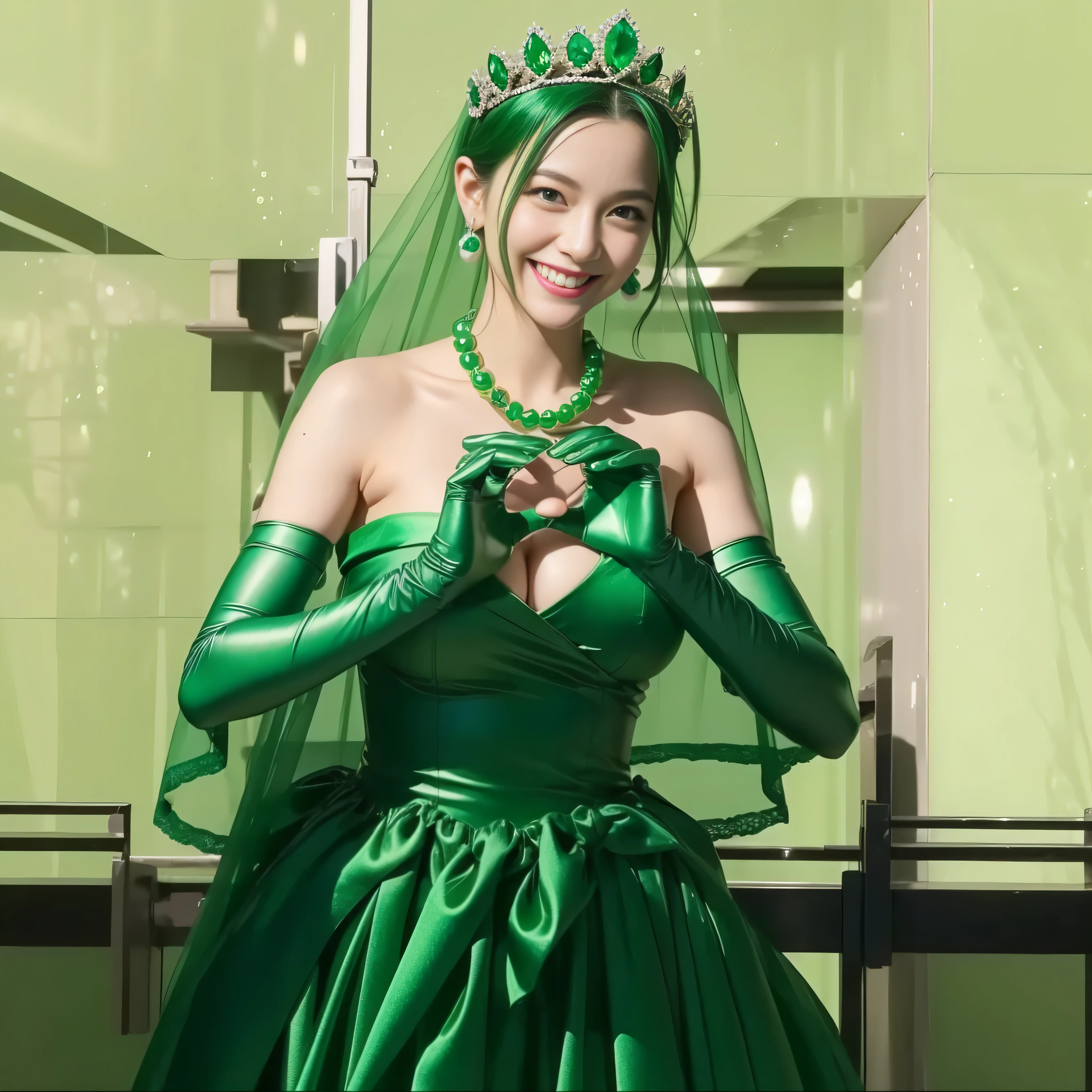 emerald tiara, green pearl necklace, ボーイッシュな非常に短いgreen hair, lipstick, Smiling woman in her 30s, very short hair, Beauty with large breasts, green eyes, Long Green Satin Gloves, green eyes, emerald earrings, green veil, heart with both hands, green hair, Beautiful woman in her 30s, heart shaped hand:1.3