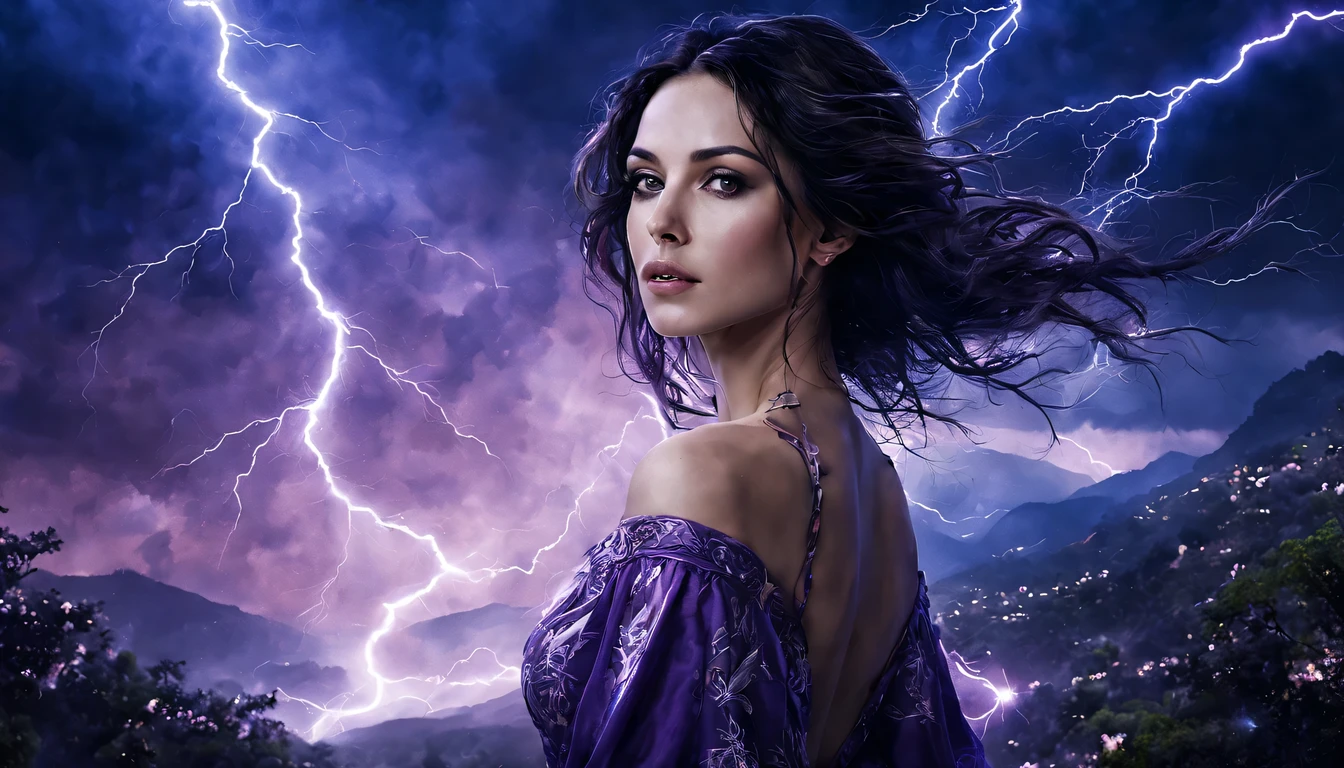 Uma jovem garota de corpo inteiro (Monica Bellucci), Zenistu, e com roupas Vermelhas e brancas, Purple and White Lightning, cabelos brancos, Purple eyes, Sky Lightning, Fio Eletroluminescente, magic sparks, enchanted magical fantasy. Peach Blossom Land, heaven, Jogo CG, Hand Painted Style, 8k, Ultra HD | |, arte digital conceitual, Azure azul e cinza,(Very detailed, A huge amount of purple lightning shot out from the girl&#39;the hand and hit the city, lightning clouds, Atmospheric lightning, Pink Lightning, with thunderstorms, Tempestade escura with lightning bolts, Dramatic purple lightning, raios no heaven, contrast lightning, trovoada no heaven, lightning in the background, with lightning bolts, Reasonable design, linhas claras, Alta nitidez, melhor qualidade, master part, 4k ).
