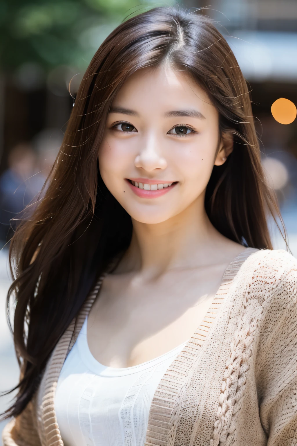 table top, highest quality, super detailed, finely, High resolution, 8k wallpaper, beautiful and fine eyes, medium hair, natural color lip, smile, Aoyama Street Walk、24 year old female,double, , fashion model pose、pendant、angel smile, one piece, japanese woman, selfie, photograph, sparkling eyes, dark brown hair, Brown cardigan
