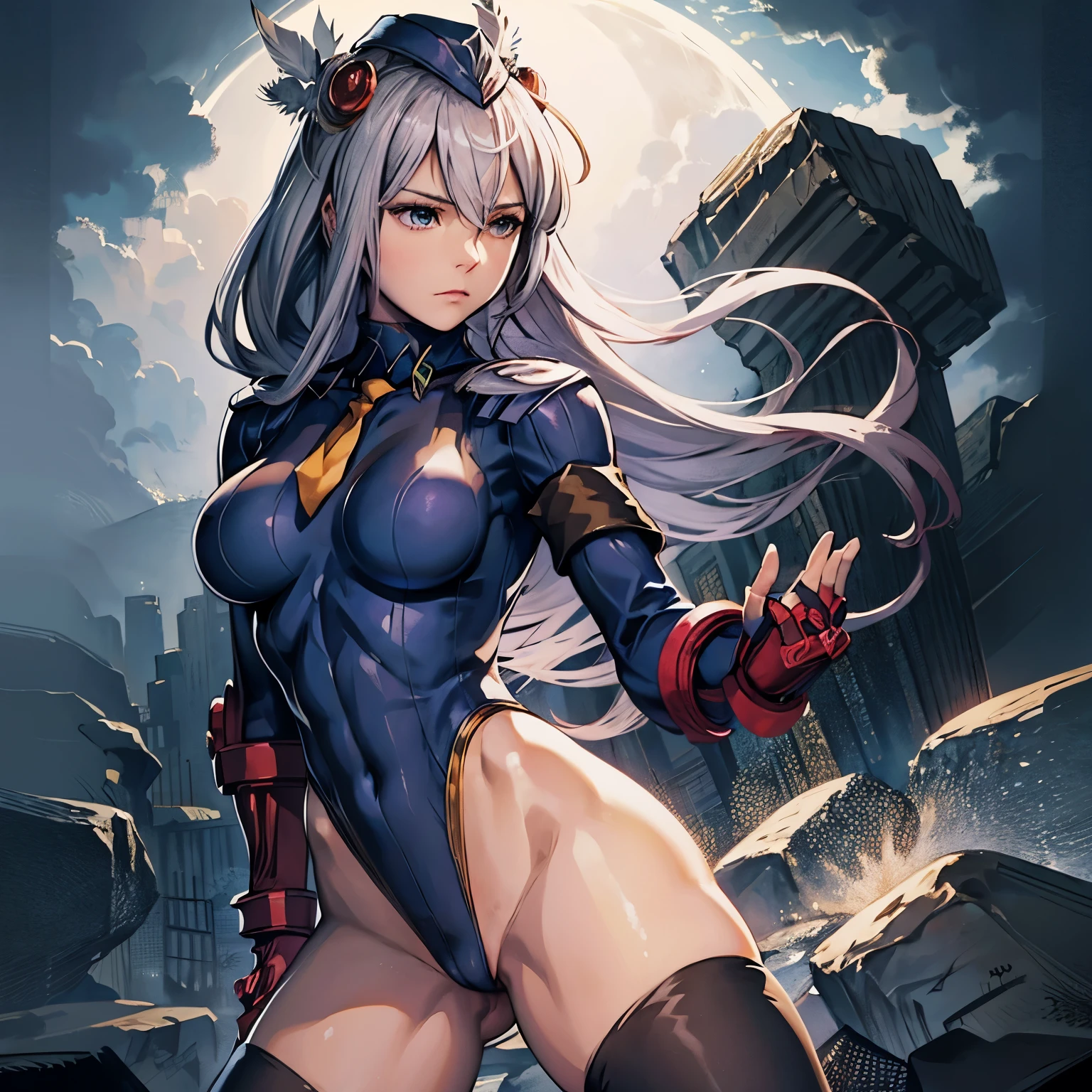 ultra-detailed, Explicit, Beautiful body, Beautiful Nose, Beautiful character design, perfect eyes, perfect face, ultra highres, 4K, beautiful legs, perfect legs, Nice hands, Perfect hand, Masterpiece, Best Quality, Highly detailed, illustration, absurdres, perfect anatomy, street fighter, doll suit, shadaloo doll, dollsuit, expressionless, blank eyes, looking at viewer, red gloves, emotionless, black latex, corrution, mind control, female combatant, full body, hypnotized, unhappy trance, full body suit, ribbed bodysuit, both arms at side, obey, perfect female body, extremely glossy latex, hypnosis, hypnoLora, empty eyes, Mind control device, poses, submissive_pose, Slave, hat, necktie, stand up straight, standing, standing at attention, hat, necktie, belt, latex, ribbed bodysuit, thighhighs, garter belt, Fighting Stance, extending the right arm from the shoulder into the air with a straightened hand, military, thigh boots, 1girl, Lenneth, Valkyrie Profile, long hair, white hair, blue eyes, hair ornaments, valkyrie, feather wings