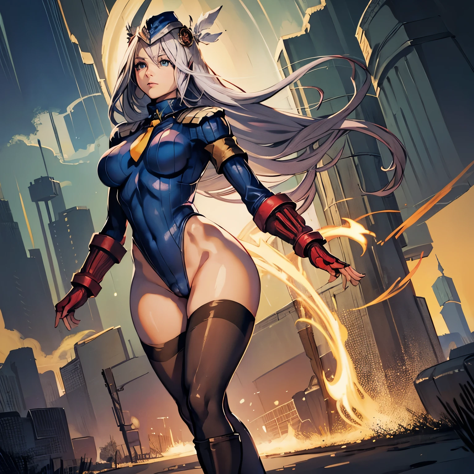 ultra-detailed, Explicit, Beautiful body, Beautiful Nose, Beautiful character design, perfect eyes, perfect face, ultra highres, 4K, beautiful legs, perfect legs, Nice hands, Perfect hand, Masterpiece, Best Quality, Highly detailed, illustration, absurdres, perfect anatomy, street fighter, doll suit, shadaloo doll, dollsuit, expressionless, blank eyes, looking at viewer, red gloves, emotionless, black latex, corrution, mind control, female combatant, full body, hypnotized, unhappy trance, full body suit, ribbed bodysuit, both arms at side, obey, perfect female body, extremely glossy latex, hypnosis, hypnoLora, empty eyes, Mind control device, poses, submissive_pose, Slave, hat, necktie, stand up straight, standing, standing at attention, hat, necktie, belt, latex, ribbed bodysuit, thighhighs, garter belt, Fighting Stance, extending the right arm from the shoulder into the air with a straightened hand, military, thigh boots, 1girl, Lenneth, Valkyrie Profile, long hair, white hair, blue eyes, hair ornaments, valkyrie, feather wings