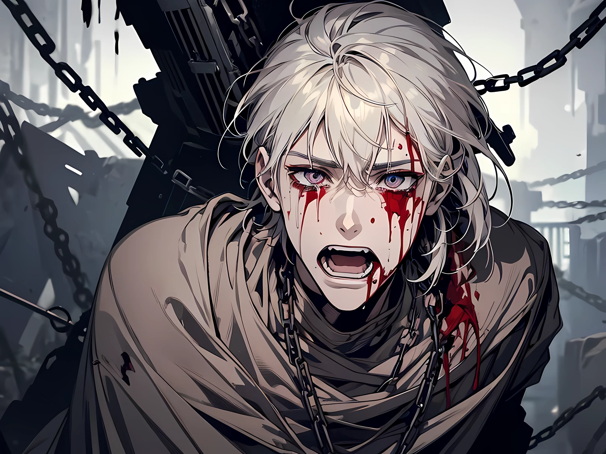 1 man, skinny body, skinny face, covered in blood, torn clothes, body full of wounds, crying blood, in pain, tied with chains, open mouth, dying, weak body, dying facial expression, face to detail, detailed eyes, full-body illustration