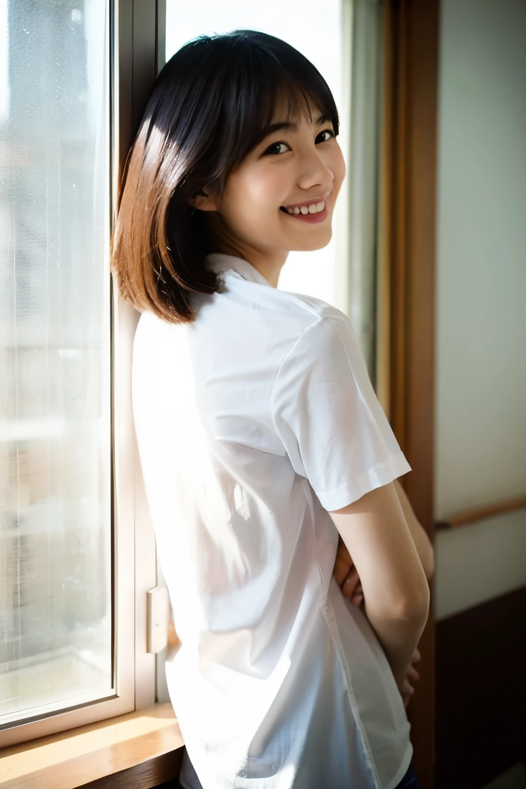 beautiful japanese woman,I'm looking at you with my back to the window that lets in the light.,cleanliness,smile,wearing a shirt,The body is also facing forward.