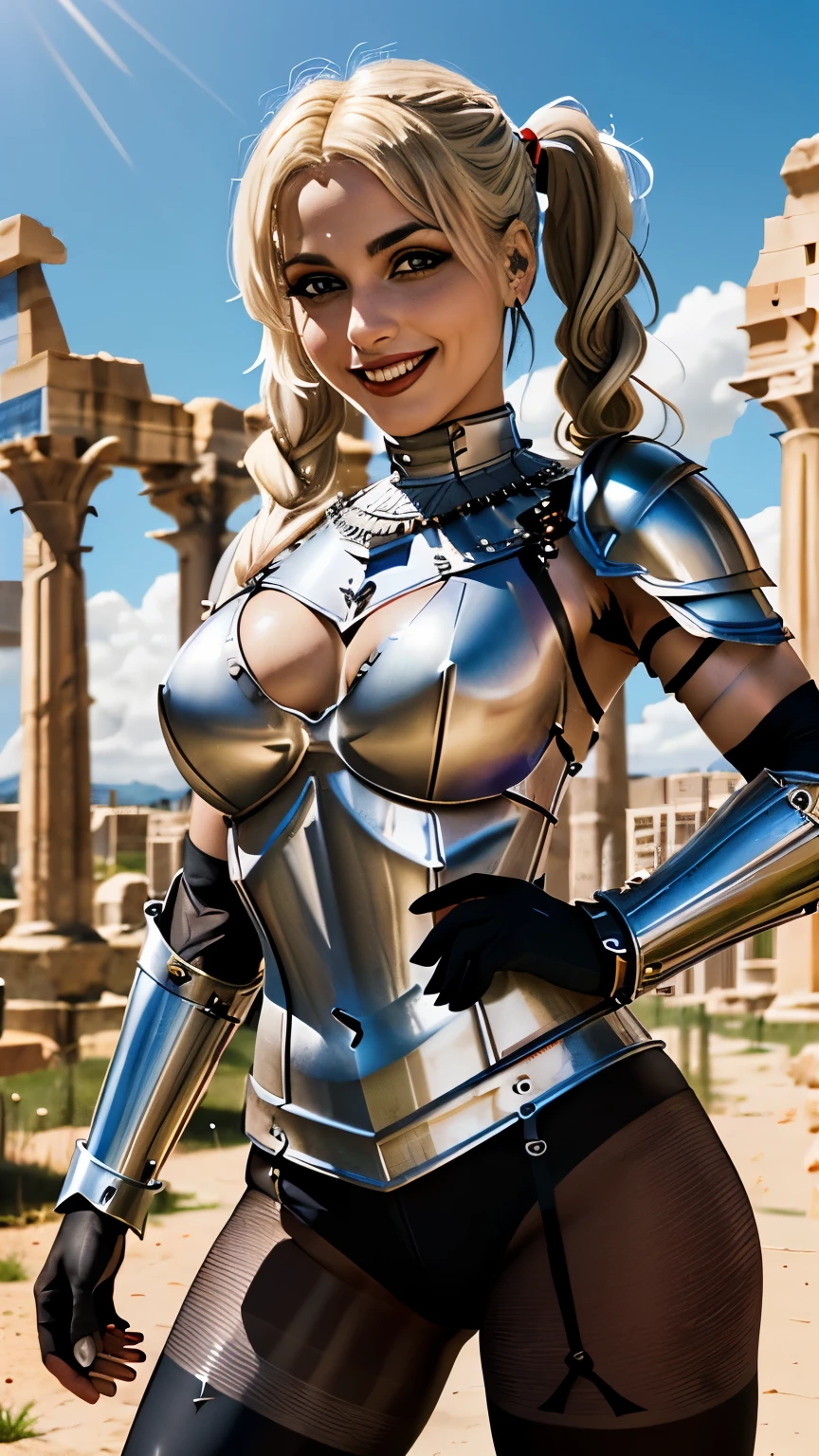 (Harley Quinn), (((Greco-Roman centurion armor))), huge breasts, small hips, small butt, thin, skinny, fit, short, athletic, long flowing thick platinum-blonde pigtails, ((shiny sheer black pantyhose legs)), goth makeup, ancient ruins backdrop, battle ready, combat pose, ready to fight, I can see the entire woman, the entire person is in view, show her legs and feet, big smile, high definition, intricate details, 8k, HDR, unbelievable detail, cinematic lighting