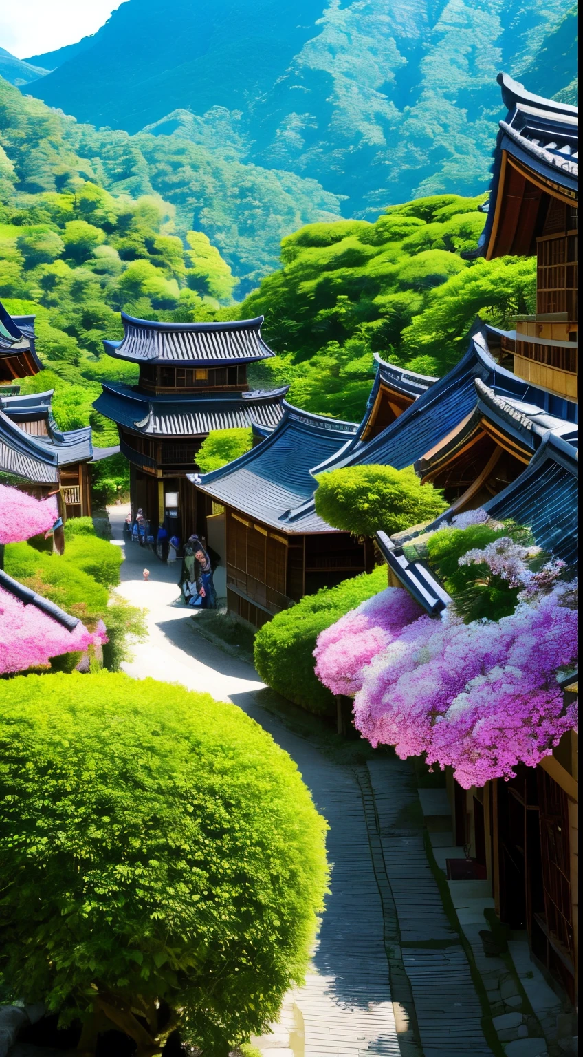 In the heart of the mysterious Konahathe Ninja Village, a dynamic illustration scenary comes to life. The village, nestled between the lush green mountains and the serene blue lake, is shrouded in an aura of secrecy and intrigue. The air is thick with the scent of blooming lotus flowers, their fragile petals unfurling in the gentle morning light.
The village is buzzing with activity, as ninjas move stealthily through the streets, their shadows dancing on the cobblestone paths. The rooftops are adorned with solar panels, harnessing the energy of the sun to power the village. The architecture is a perfect blend of modern and