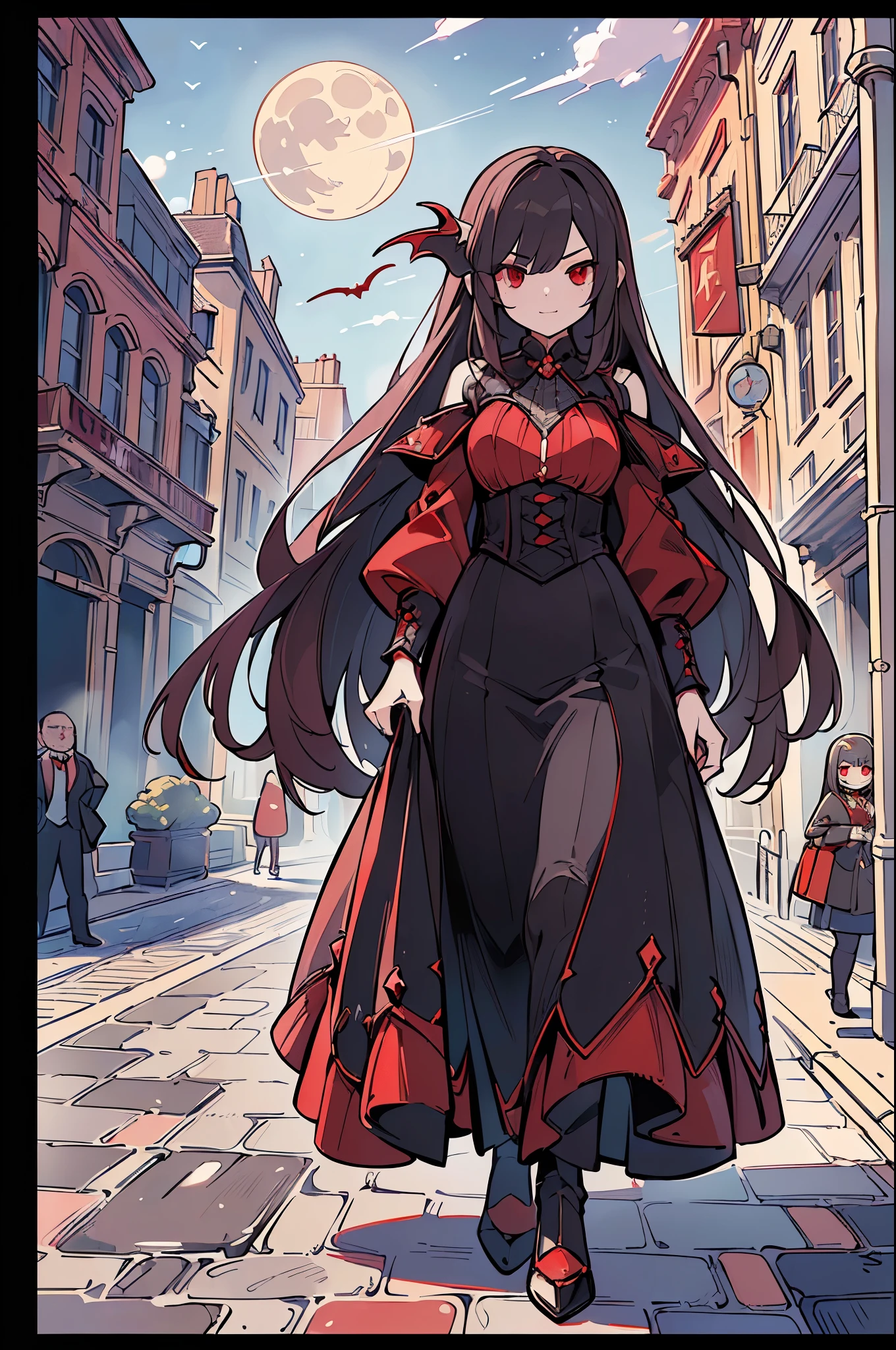 (((Top quality and highly detailed photorealism)))，((Vampire Woman: Red Eyes、Very ),(Walk gracefully along bustling  boulevards),(In the moonlight),(a scene from a movie:1.2))