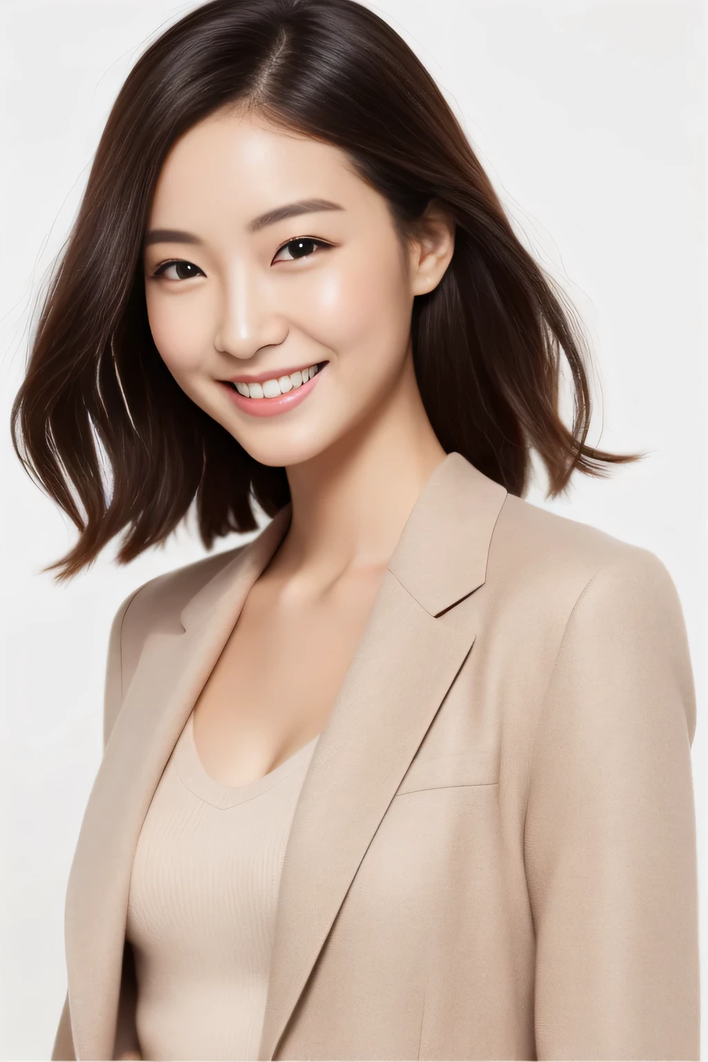 The face is a hostess、Please wear a jacket suit、high quality、surreal、healthy、smile、Perfect slender figure、beauty of japan、beautiful eyes、perfect face、beautiful skin、white background