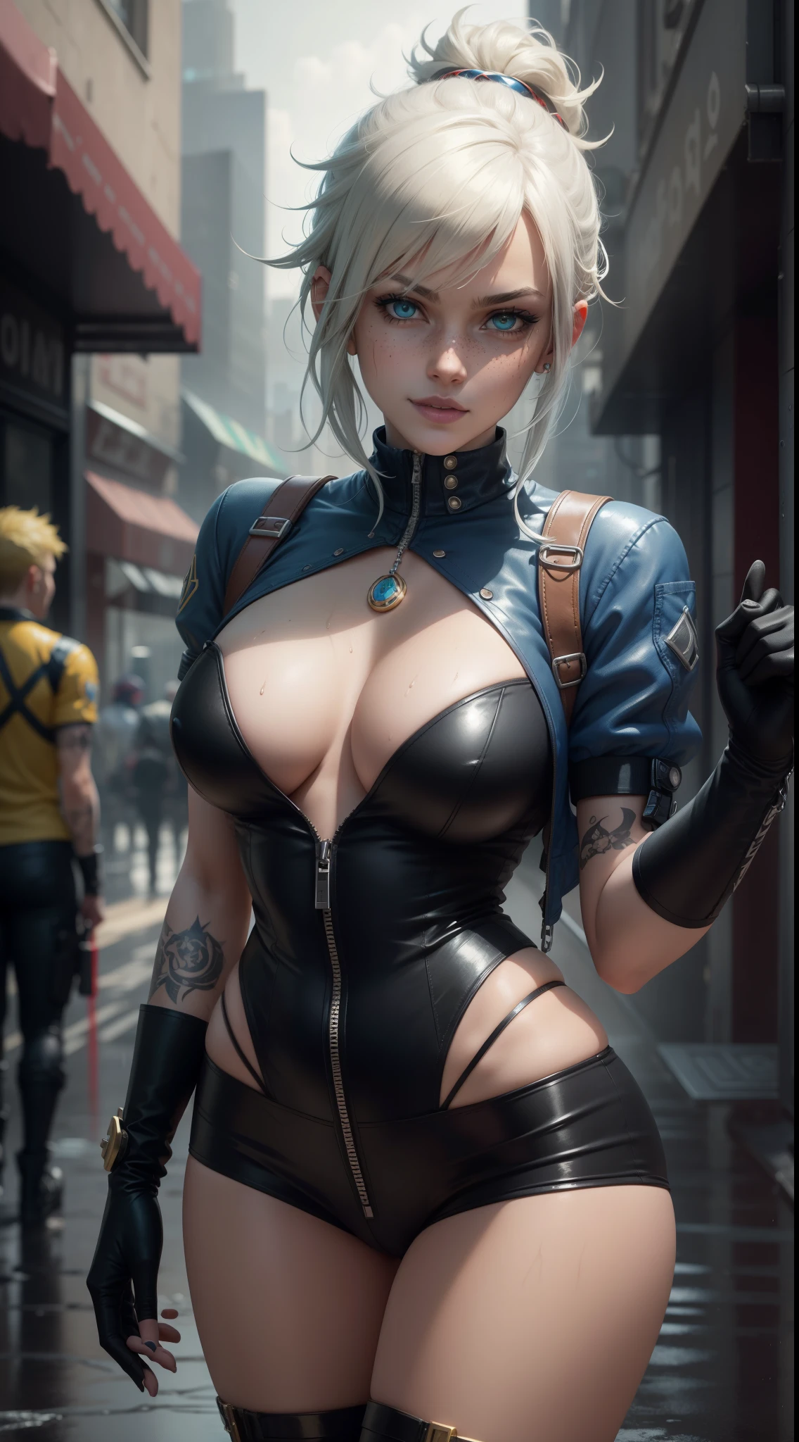 gwen tennyson,yorha 2b,akali,mordred,tracer, samus aran,overwatch,atelier ryza,close up,cyberpunk city,tattoos,white and gold plugsuit,black short sleeve sport leotard,chain wallet,royal blue short sleeve punk jacket,royal blue cargo pants,short punk hair,punk makeup,green eyes,multicolored silver hair,punk gloves,sexy smile,freckles,beautiful girl,military boots,large breasts,8k,ultra detailed,realistic,fantasy art,hair pin,wet body,ear piercings,(weather:rainy),1girl,gold neck, hand, waist and head jewelry,hunting knife,