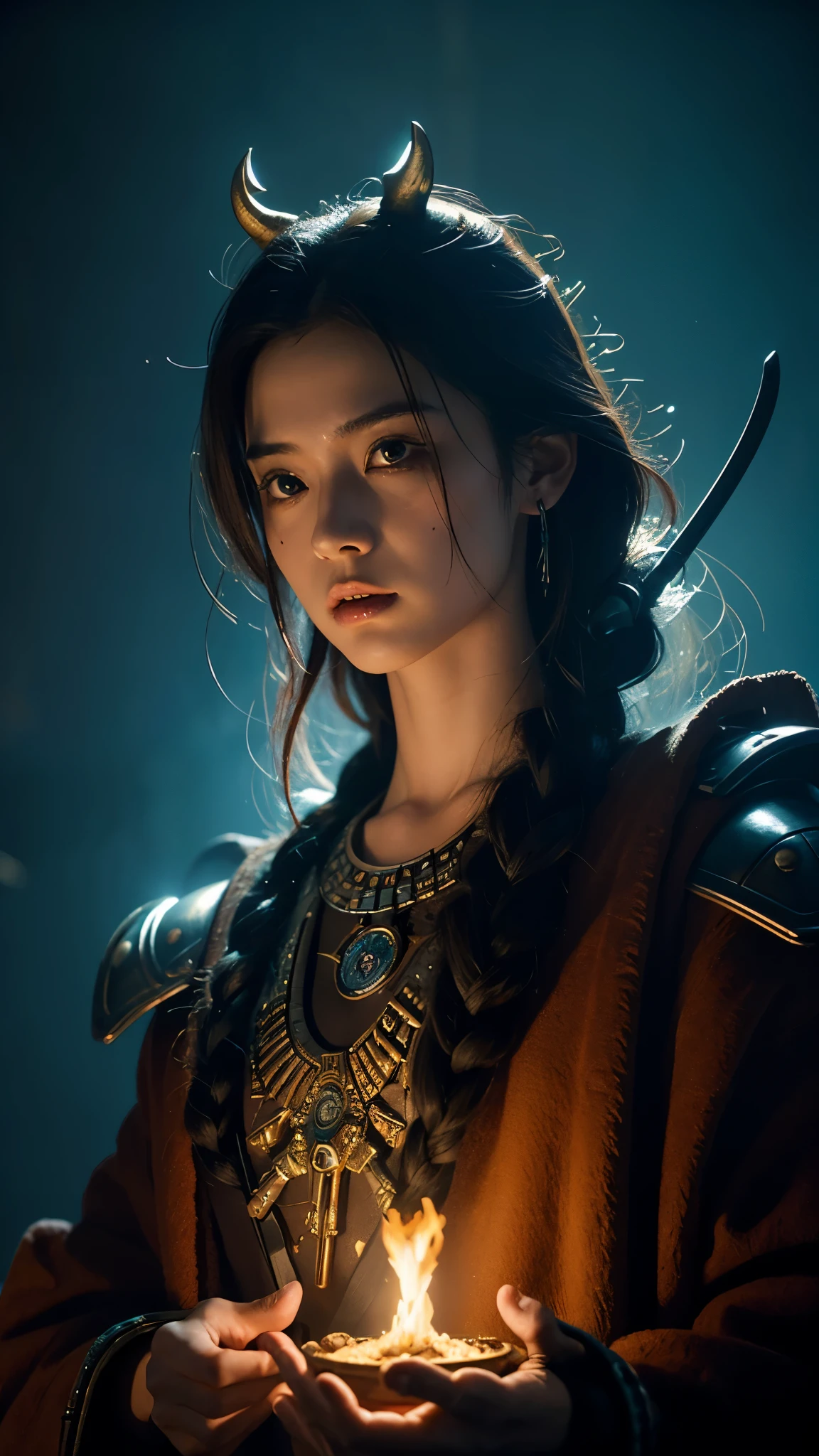 (Cyberpunk:1.1), Aztec god, (axolotl:1.05), dark-fantasy, kodak portrait 400, 8k, soft light, volumetric lighting, highly detailed, britt marling style 3/4, portrait photo of a war female Aztec god in a chemical laboratory + face, face is skullbone with scars, intricate, elegant, highly detailed, devil-armor, 2D motifs detailed dark tribal digital painting, artstation, concept art, smooth, sharp focus, illustration, art by Otomo Katsuhiro and ShirÅ Masamune and Oshii Mamoru. Cosmic light in backfront, emissive wiring
