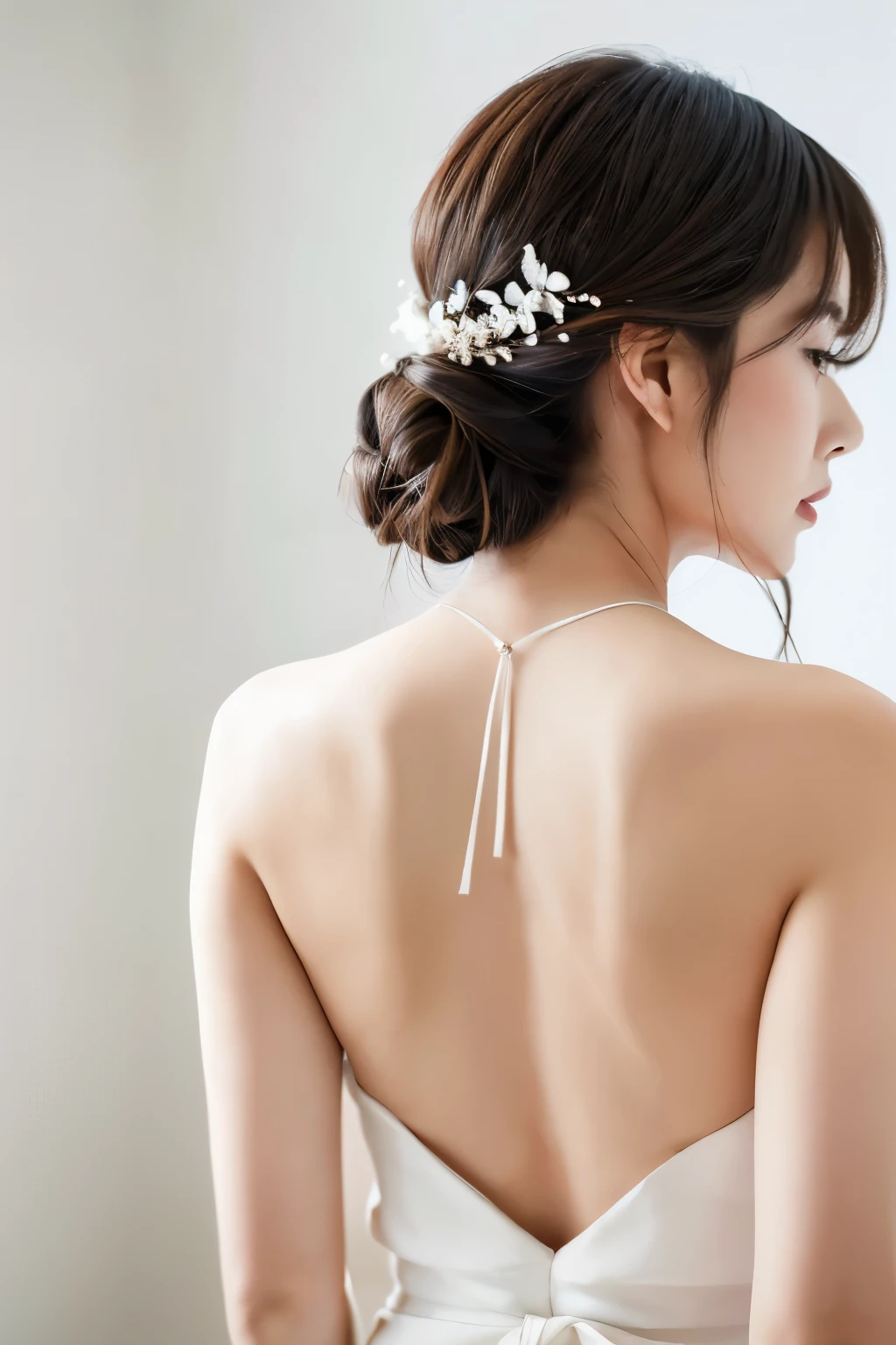 ((best image quality, 8K, T Masterpiece:1.3)), 1 girl,Japan woman in her 20s。1 photo。cute、tying hair、Clean face line、Elegant impression、Extra large，the skin is very white、（open back wedding）、back view、(The act of wearing a necklace around the neck)、white background