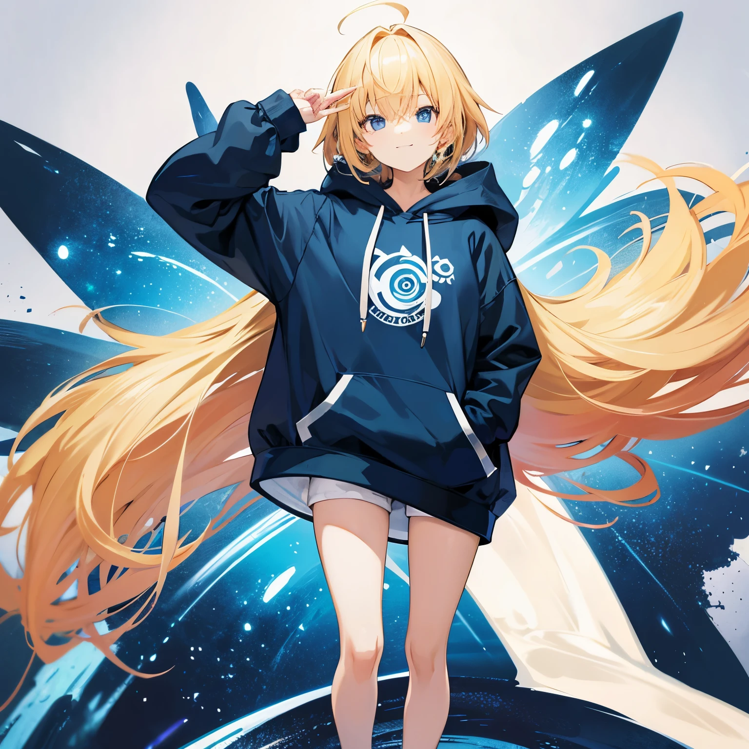 anime star Oversized Hoodies front Standing picture whole body blonde shortcut cyber- background through no background dark blue eyes upright smile 💫 🌀