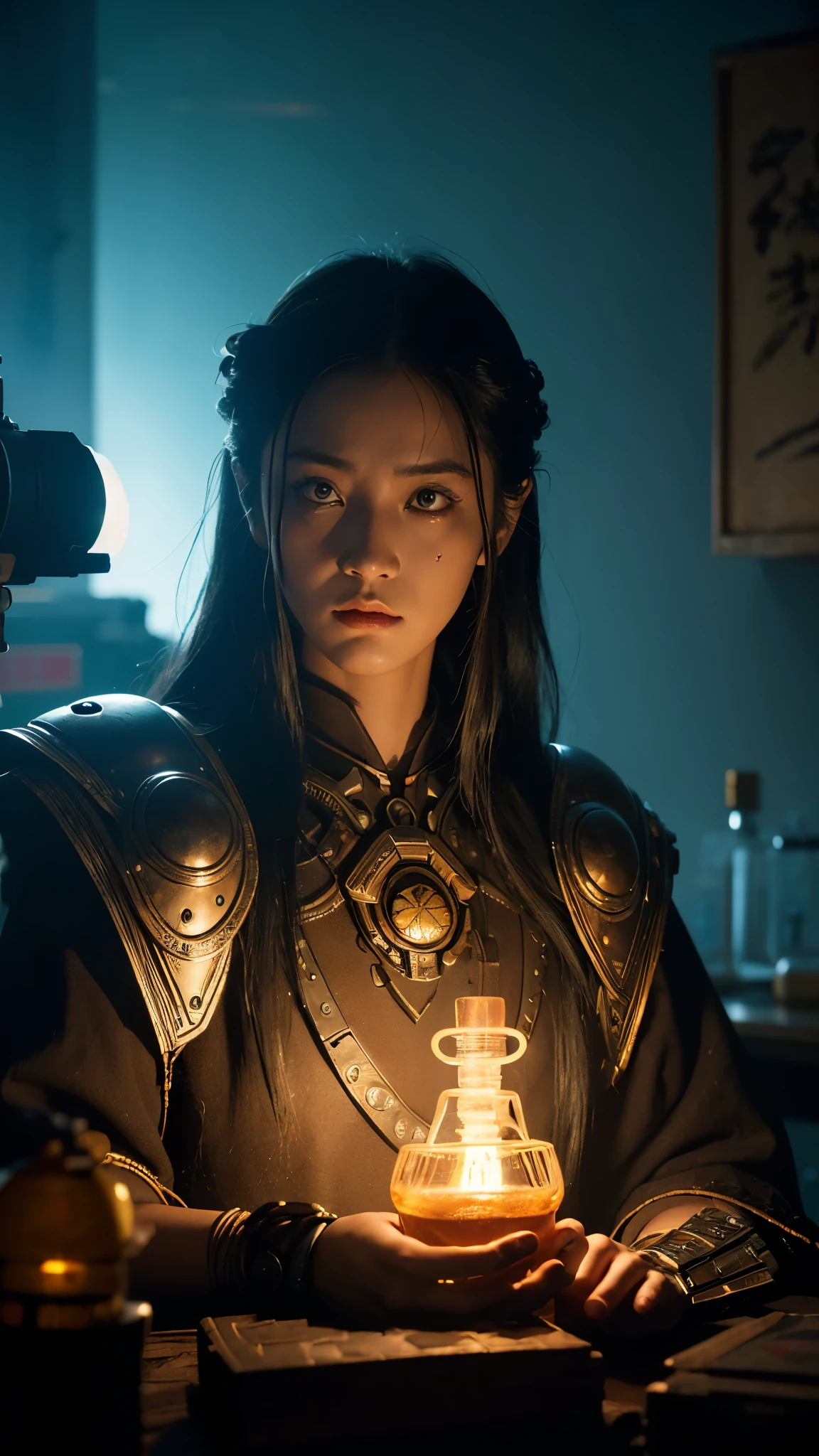 (Cyberpunk:1.1), Aztec god, (axolotl:1.05), dark-fantasy, kodak portrait 400, 8k, soft light, volumetric lighting, highly detailed, britt marling style 3/4, portrait photo of a war female Aztec god in a chemical laboratory + face, face is skullbone with scars, intricate, elegant, highly detailed, devil-armor, 2D motifs detailed dark tribal digital painting, artstation, concept art, smooth, sharp focus, illustration, art by Otomo Katsuhiro and ShirÅ Masamune and Oshii Mamoru. Cosmic light in backfront, emissive wiring