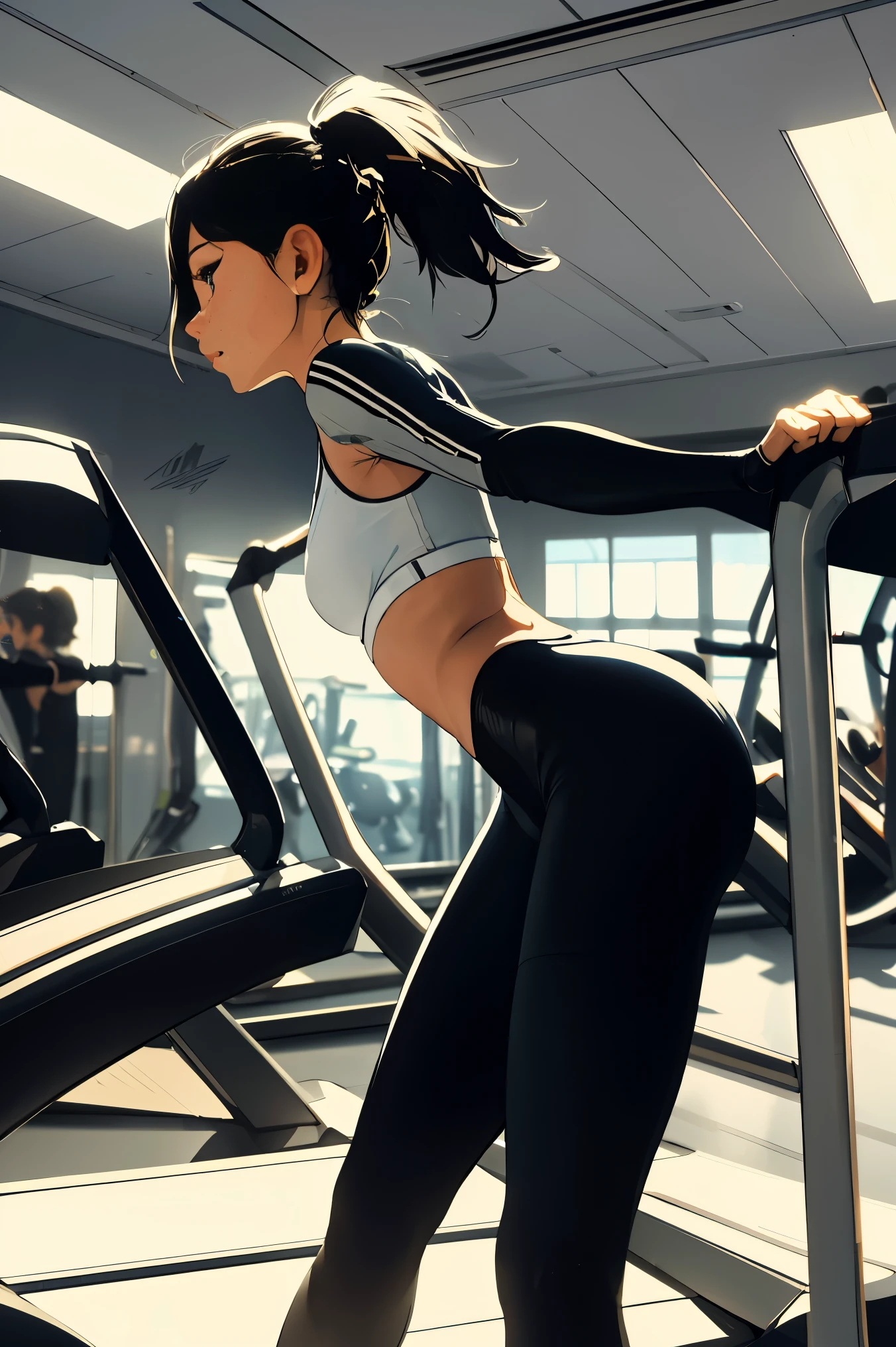 A woman running on a treadmill at the gym ,Woman wearing tight black leggings and neon white bra top, Two-piece tracksuit, Sports bra ,Adidas logo on the right,vivid colors, soft focus, Light leakage, dreamy atmosphere, experimental charm, Retro charm break color field painting, A variety of colors, abstract expressionism, bold hues, emotional impact, atmospheric depth, Minimalist approach BREAK, beautiful woman, UHD (ultra detail) viewers who see it.., another, fancy, long, 갈색으로 염색한 하나로 묶은 long 머리 🌈, leggings clothing, White stardust in dark areas, absurd, high resolution, very detailed, (1 woman : ), vivid colors, soft focus, Light leakage, dreamy atmosphere, information