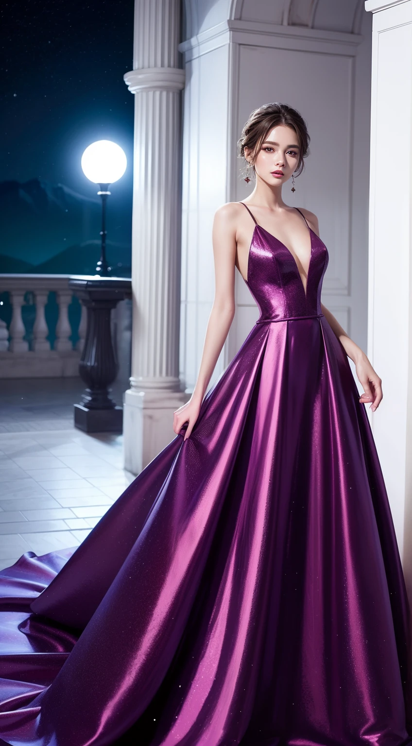 Paint a fashion illustration showing a model in a striking evening dress, Sob suave luar