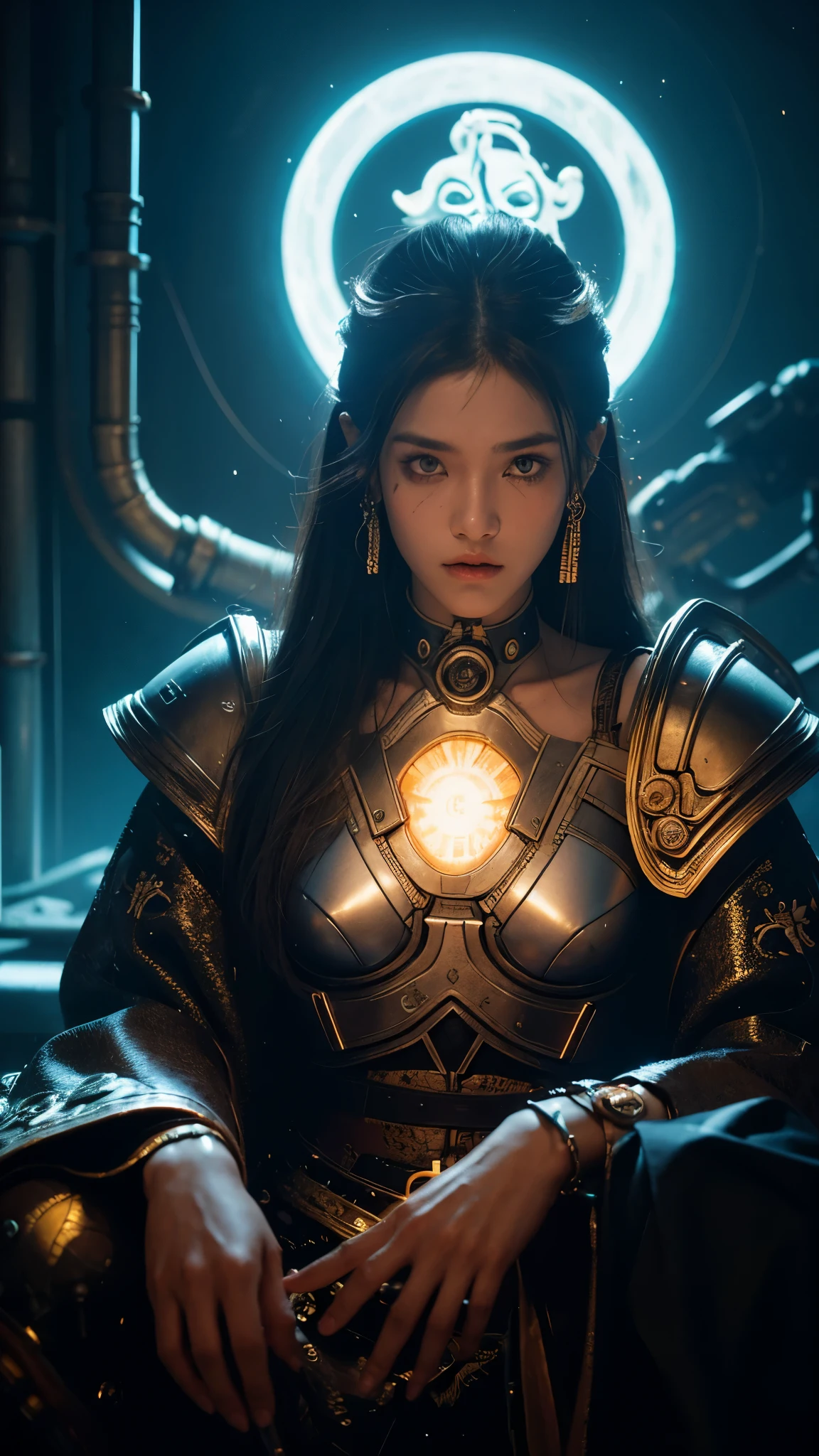 (Cyberpunk:1.1), Aztec god, (axolotl:1.05), dark-fantasy, kodak portrait 400, 8k, soft light, volumetric lighting, highly detailed, britt marling style 3/4, portrait photo of a war female Aztec god in a chemical laboratory + face, face is skullbone with scars, intricate, elegant, highly detailed, devil-armor, 2D motifs detailed dark tribal digital painting, artstation, concept art, smooth, sharp focus, illustration, art by Otomo Katsuhiro and ShirÅ Masamune and Oshii Mamoru. Cosmic light in backfront, emissive wiring