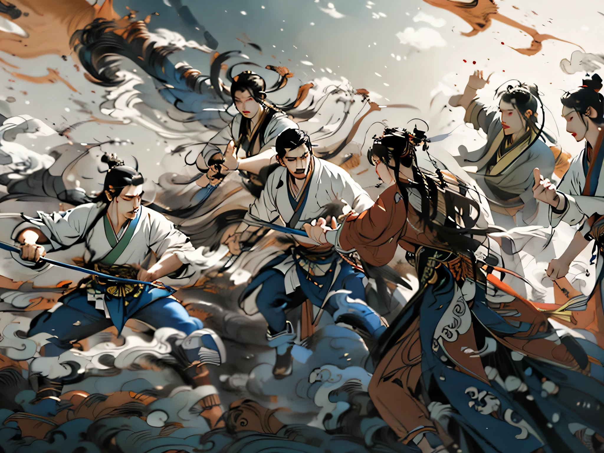 Painting of a group of men fighting with swords in a temple, three kingdoms of china, author：Yang Jie, g liulian art style, game illustration, Game button art, fight scene, by Qu Leilei, Detailed game art illustrations, Inspired by Guo Chun, inspired by Guan Daosheng, Inspired by Zhang Wo, background: battle scene