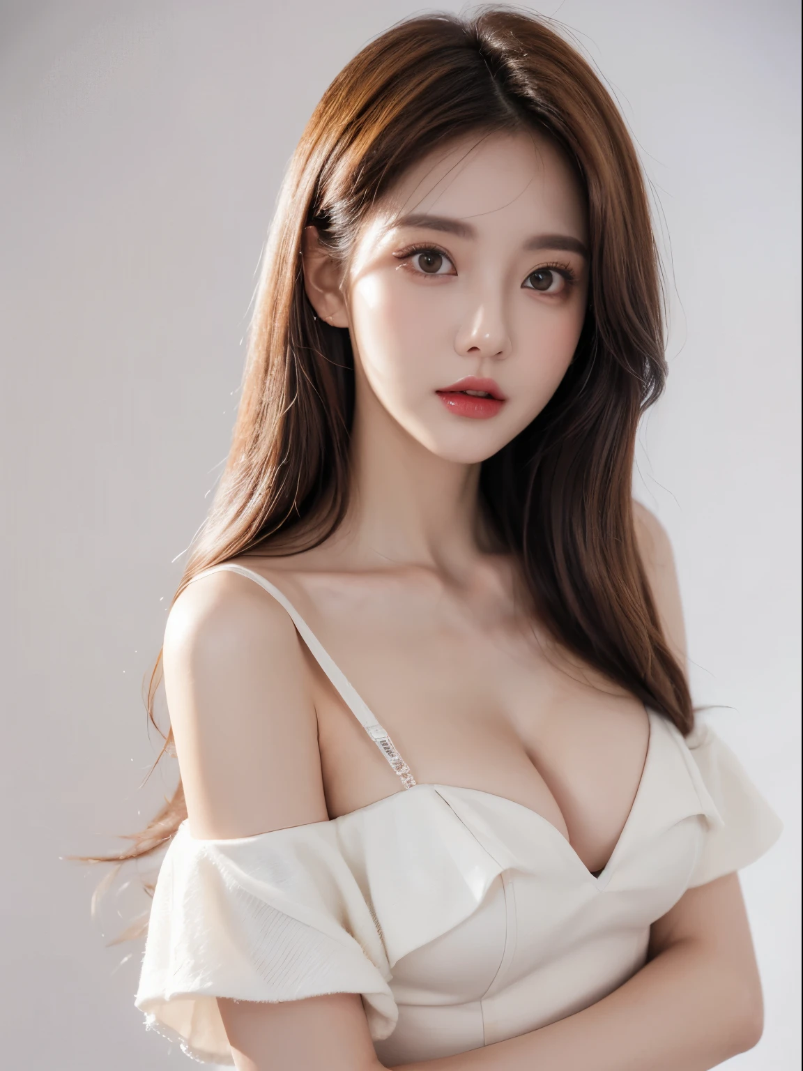 A slender woman, red glossy lips,(beautiful face), (best quality), (Super detailed), (Extremely detailed CG unified 8k wallpaper),(sexy clothes), (standing), (pure white background),(cleavage),(big eyes),(average light source),(small breasts),Model pose,