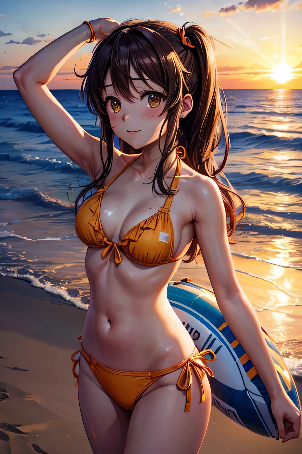Haruhi suzumiya, digital art, swimsuit, outdoors, beach, sunset, bikini