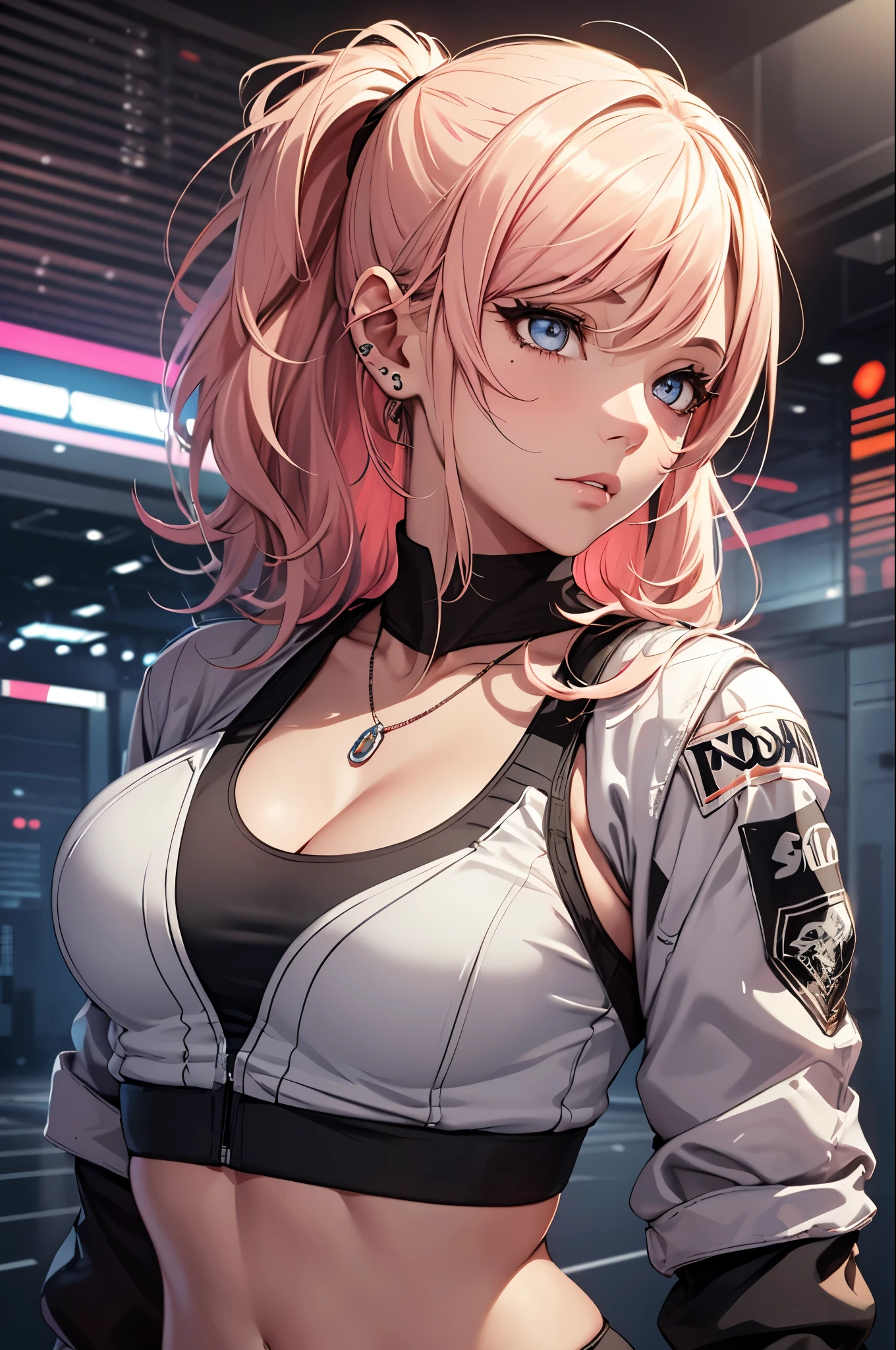 realistic, Beautiful detailed girl, clear and beautiful, Personage as the main perspective, shiny_skin, girl,woman,female, young,25 years old, (medium hair), bangs, (Top knot:1.3), sidelocks, orange hair, (beautiful detailed Glass hair), pink streaked hair,beautiful detailed cold face, cold expression, complex details beautiful and delicate eyes, fingernails, medium_breasts, , orange eyes, Authentic skin texture, gleaming skin,(Multiple piercings), necklace,(sports bra:1.3),(racing bloomers:1.3),bloom,(line art:1.2),realistic illustration,(unreal engine),(GoPro),(insanely detailed),perfect shading,(digital art),(ray tracing),(intricate detailed),creative refinement,(dark atmosphere)
