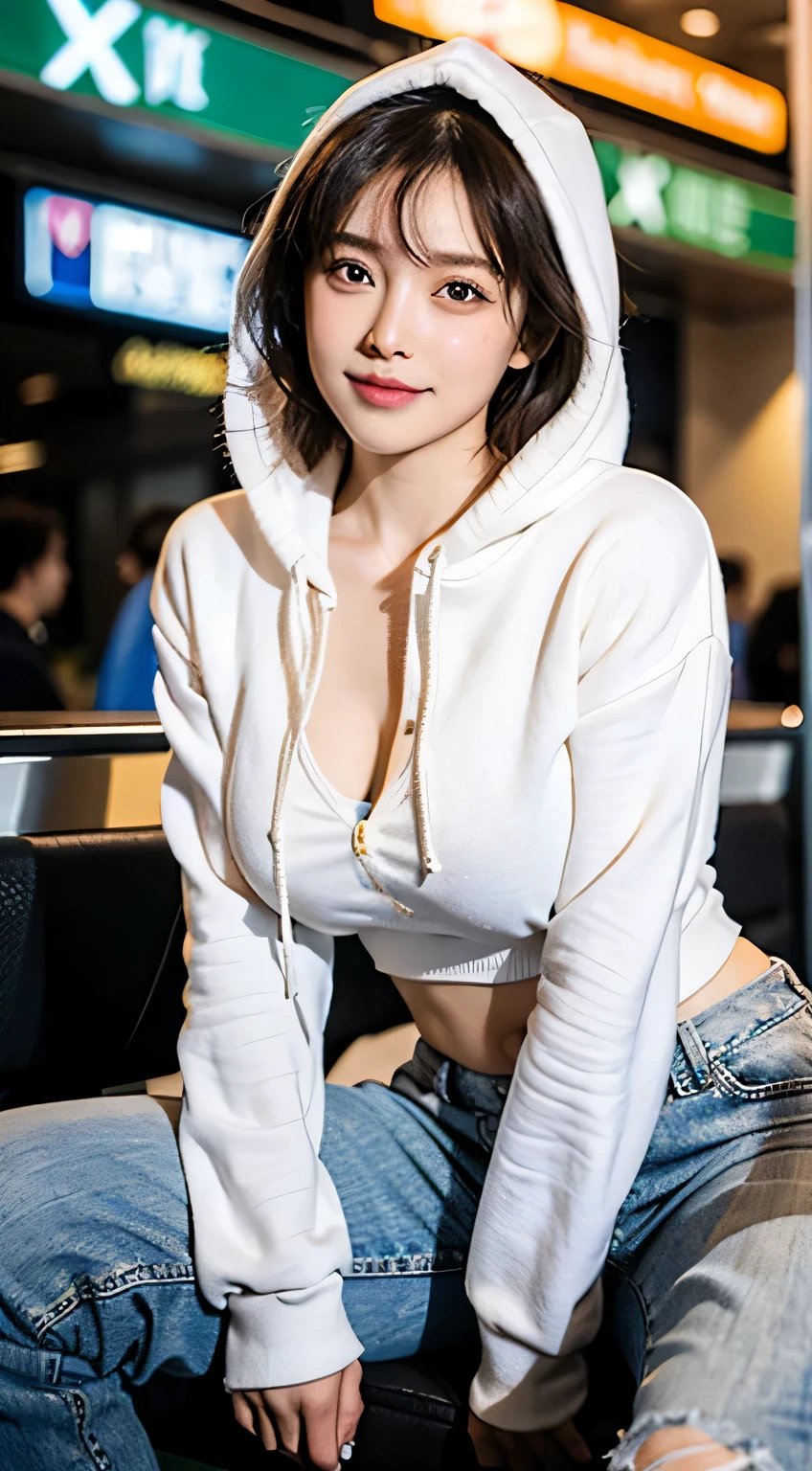(realisticlying, high resolucion;:1.3), 1 girl with a perfect body, super fine face and eyes,wolf cut hair, white hoodie:long black jeans, sneakers , At the airport, tits huge,Cleavage exposure,(Eurasian jay:1.5)Masterpiece, best qualtiy, Raw-Photo, realisticlying, face, Unbelievably ridiculous resolution, depth of fields, high resolution;, ultra - detailed, finedetail, very very detailed, extremely detailed eyes and face, sharp pupils, Realistic student, Clear Focus Lock, cinematic lightings, Whole body, Pretty legs, smiling, facing camera