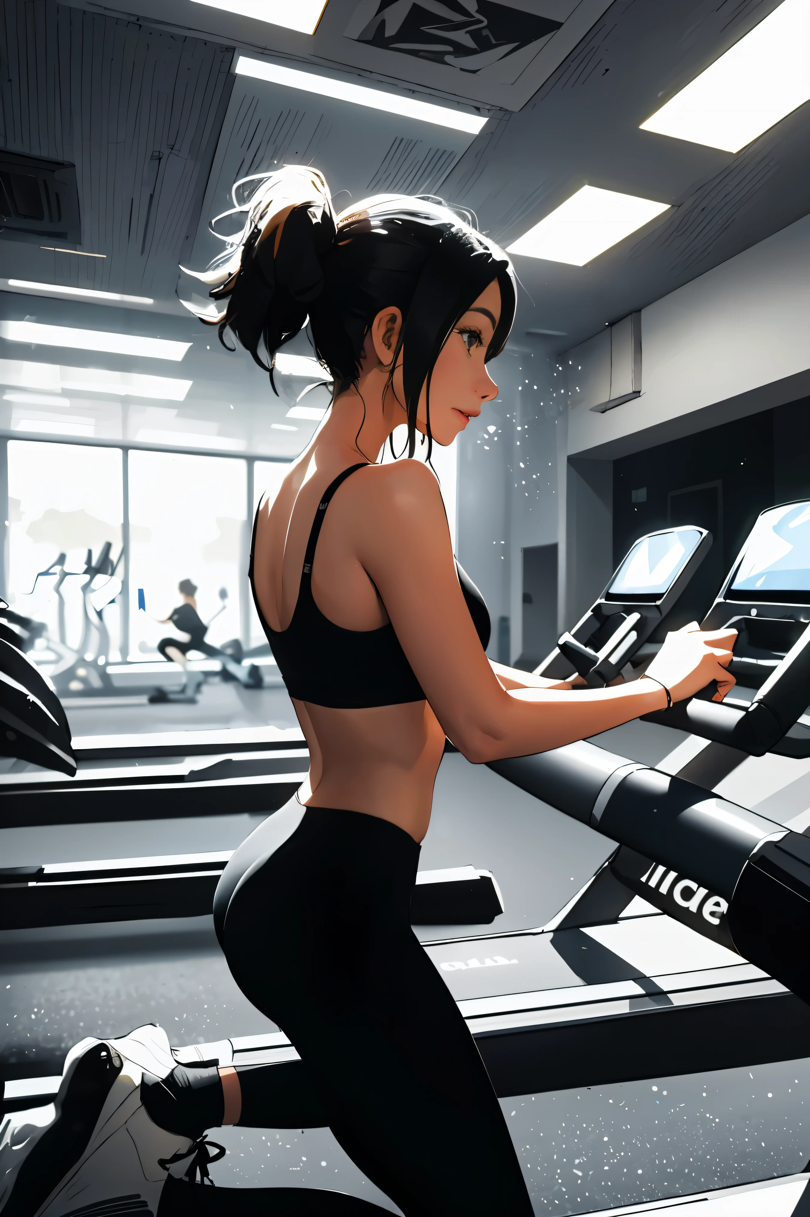 Woman running on a treadmill at the gym ,Woman wearing tight black leggings and neon white bra top, Two-piece tracksuit, be good at sports ,On the right is the Adidas logo.,vivid colors, soft focus, Light leakage, dreamy atmosphere, experimental charm, Retro charm break color field painting, A variety of colors, abstract expressionism, bold hues, emotional impact, atmospheric depth, Minimalist approach BREAK, Beautiful woman, UHD (ultra detail) viewers who see it.., another, fancy, long, 갈색으로 염색한 하나로 묶은 long 머리 🌈, leggings clothing, White stardust in dark areas, absurd, high resolution, very detailed, (1 woman : ), vivid colors, soft focus, Light leakage, dreamy atmosphere, information