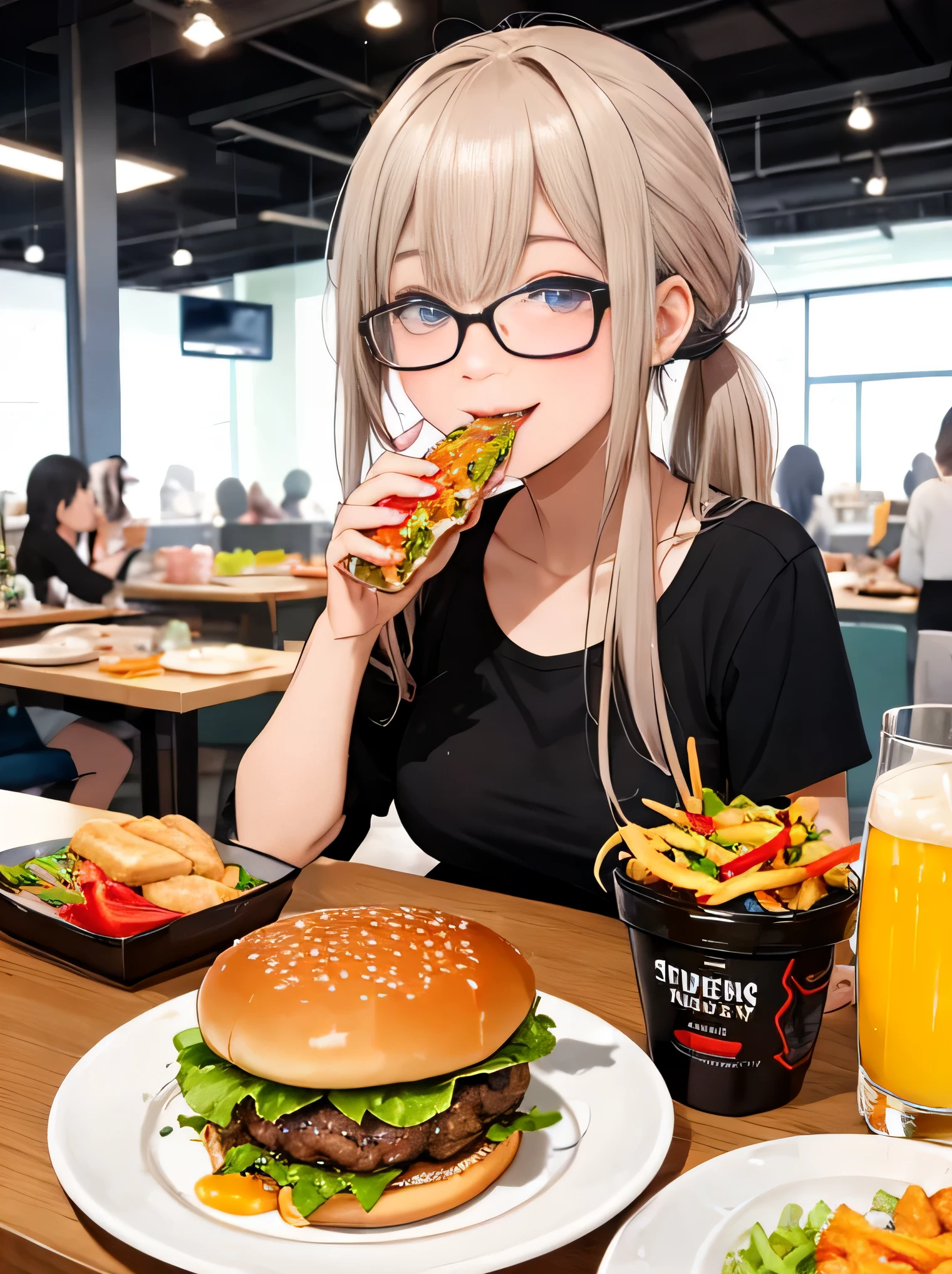 highest quality、High resolution、8K、detailed background、Beautiful  girl、(two women)、beautiful and detailed face、beautiful and smooth skin、skin texture、Black square glasses 、cuteポニーテール、big breasts、cute、For delicious food, It is important to use brightly colored ingredients, neat presentation, and quality ingredients.。Juicy burgers、A hamburger with a juicy grilled meat patty topped with cheese and vegetables., Creates an appetizing dish.。Eat deliciously、
You can express your appetite by lighting up your eyes when faced with food.。
when bringing food to the mouth, By opening your mouth wide and accepting food、You can highlight the deliciousness.。
The appearance of eating a lot of food、indicates satisfaction of appetite。.。
By smiling when you taste food, Shows you are enjoying your meal.。
Licking your lips when you have food in your mouth or when you feel something delicious, can stimulate appetite.。