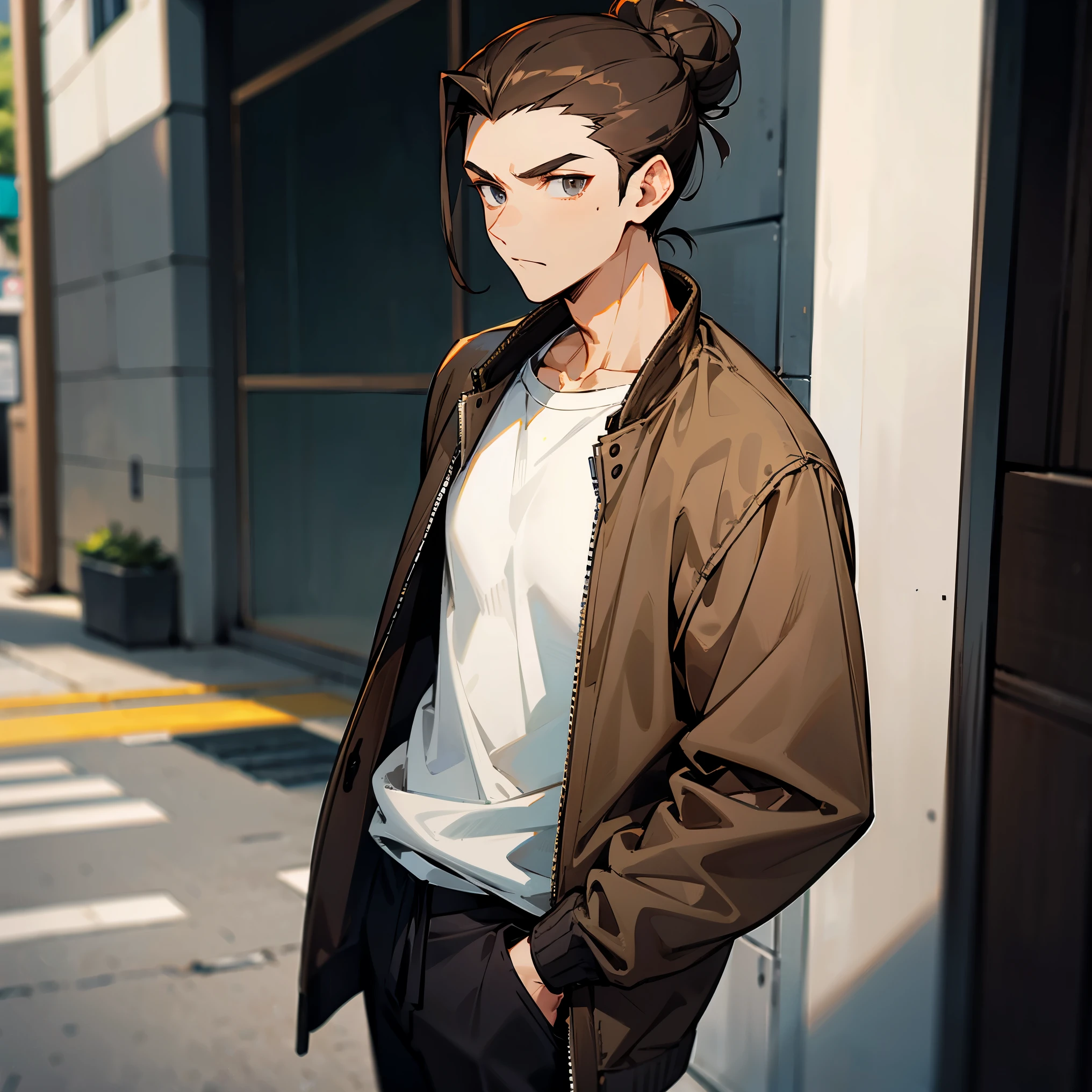 Grey eyes , Dark Brown Hair , Hair pulled back into a bun , Casual Clothing , Brown Bomber Jacket ,White T-Shirt, Standing on side walk , 1male