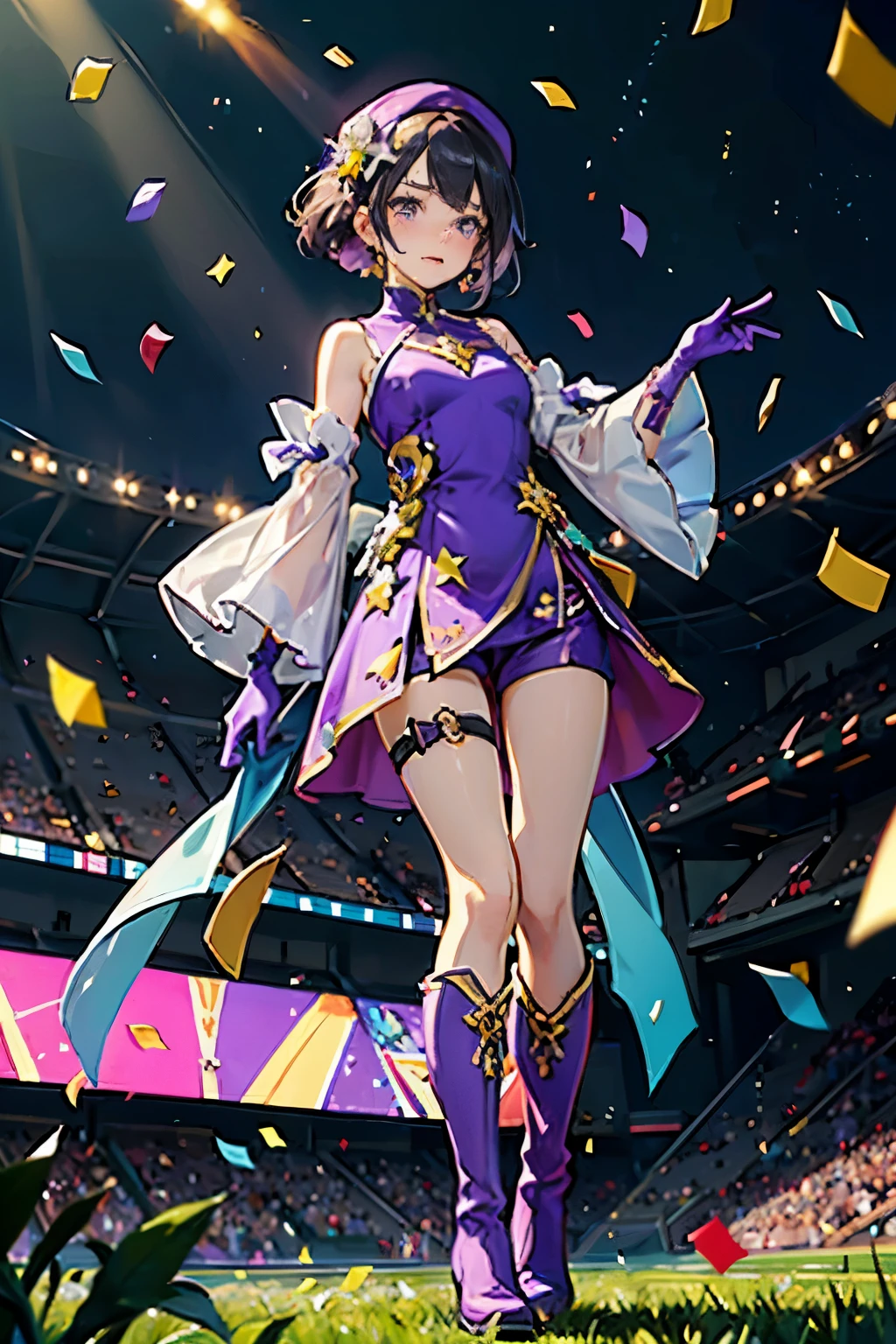 masterpiece, best quality,
narita top road,
grass, stadium, confetti,
standing, sweatdrop, hand up, looking down,
ear cover, star hair ornament, brooch, sleeveless dress, purple dress, white bow, mismatched gloves, white gloves, black gloves, shoulder cutout, puffy long sleeves, detached sleeves, see-through sleeves, frills, shorts under dress, short shorts, purple shorts, thigh strap, knee boots, purple footwear,