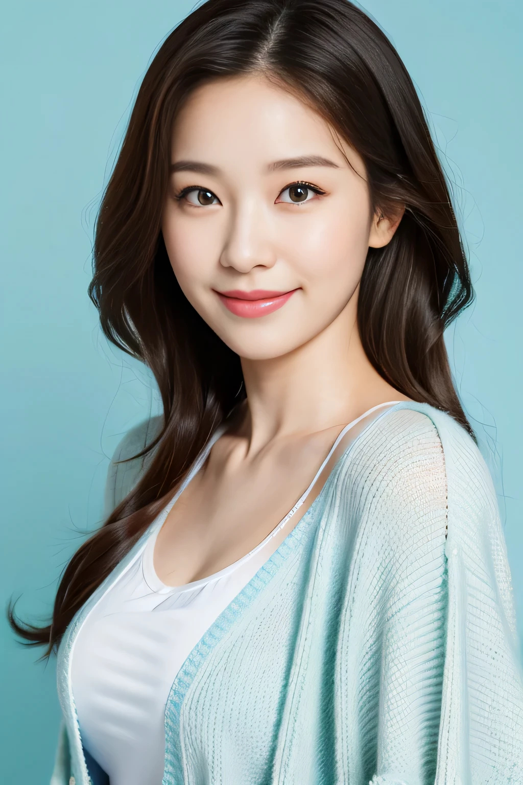 highest quality,masterpiece,ultra high resolution,(realistic:1.4),1 girl, Autumn cardigan, in studio, Pastel blue background, gentle smile