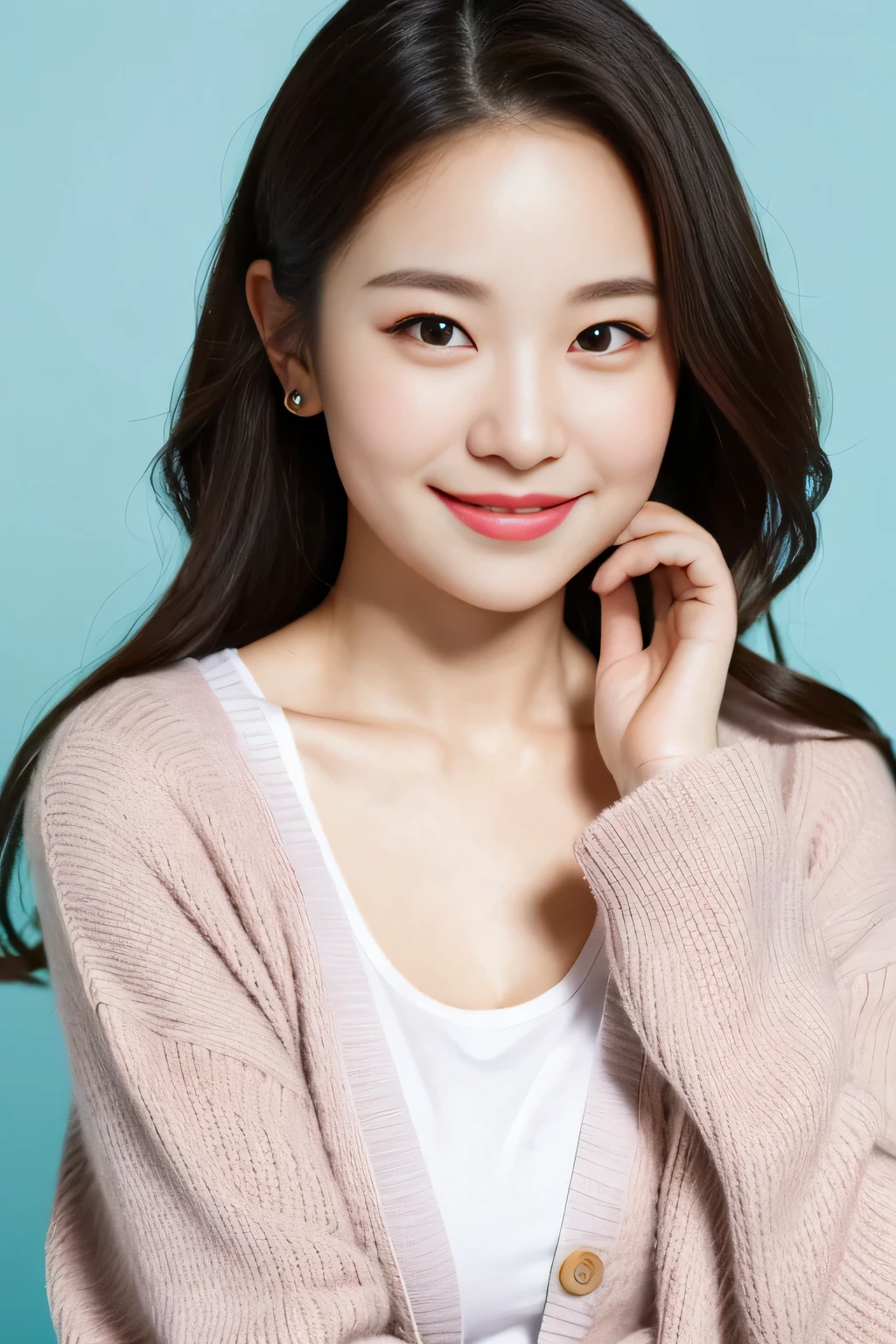highest quality,masterpiece,ultra high resolution,(realistic:1.4),1 girl, Autumn cardigan, in studio, Pastel blue background, gentle smile