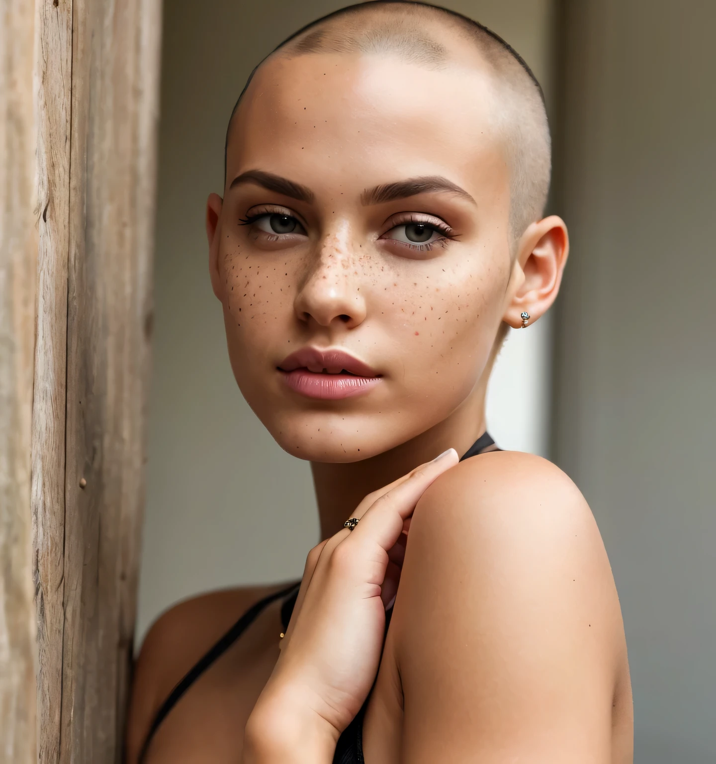 "Naked White Bra" ((Hairstyle is shaved head, skinhead)), (Malaysia female), age 25 years old, 8K, photottorialism, ((Flat Chest)), ((Short Jeans)) Street Village