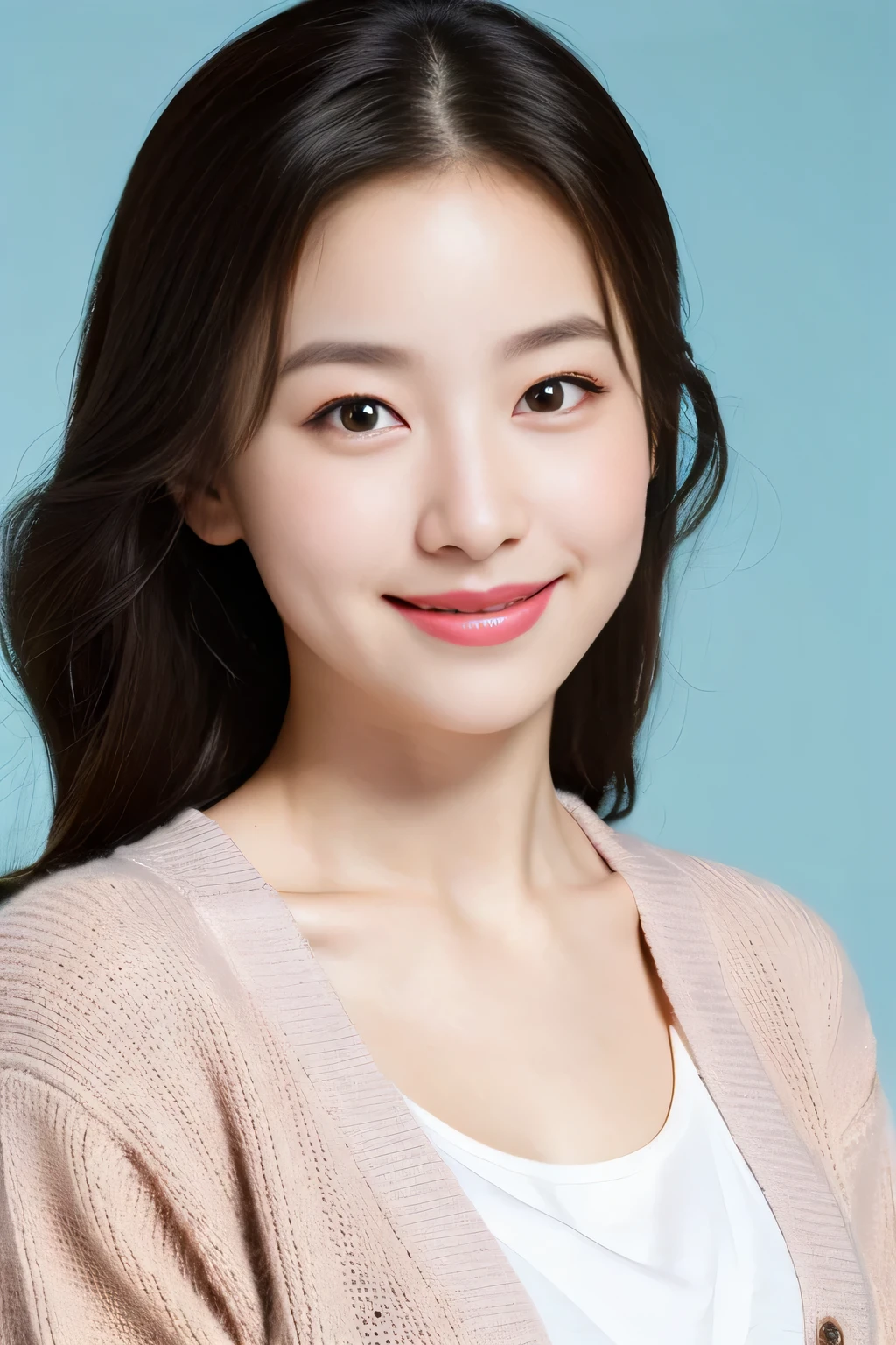 highest quality,masterpiece,ultra high resolution,(realistic:1.4),1 girl, Autumn cardigan, in studio, Pastel blue background, gentle smile