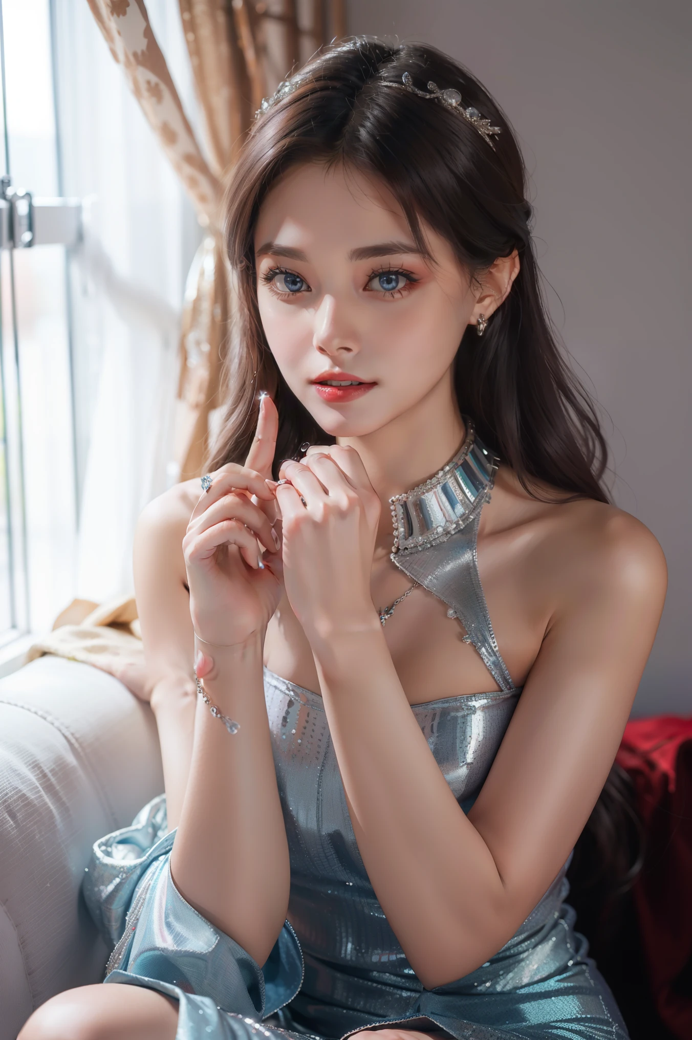 Top quality work，Photorealistic works，Ultra Premium Graphics，8K HD CG works，High-quality graphics，High-definition fine CG works，10x pixel，Ultra-fine details：1.1，Advanced technical details：1.1Photographically realistic，Indoor lighting effects：1.5，Natural light：1.5. light effect（Virtual Light Effects：1.8），超A high resolution，Shiny Blue Dress，Long silver hair，Silver hair，Transparent hair，High Detail Hair（Premium Hair Detail：1.1）Clear eyes，Good looking double eyelids，Sharp eye makeup, Delicate makeup for eyelashes, Thin eyebrows, ultradetailed eyes，High Nose, lovely red lips, Rose cheeks, Face with delicate makeup , Pretty Face, A perfectly proportioned face,（Advanced facial details：1.1）Collection of shiny blue luxury dresses，Blue Sequin Dresses，Sequin coat，shiny，Tight long skirt，Summer Sexy Hip Wrap Fishtail Sleeveless Commuter Maxi，Horse Stockings 100%Oil Gloss Panst Gloss Silk Luster 8D Black Silk Woman，stiletto heels，mitts，Beautiful long dresses，wonderful dress，Bright Red Series，Haute Couture Dresses Collection，Dress Photography，Authentic dress works，In the banquet hall，Women's Artwork，full-body view，Goddess of Dress，真实感，amazing，Today's eyes are bright