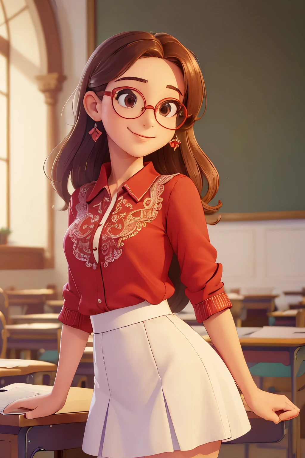 (A :1.3),(Masterpiece, Best quality:1.4), (Beautiful, Aesthetic, Perfect, Delicate, Intricate:1.2),((Best quality)), ((Masterpiece)), (Detailed),(A high resolution:1.2), Classroom, An adult female, Smiling Claudia Chever, Red shirt, White skirt, Glasses, Bend over, angle of view,