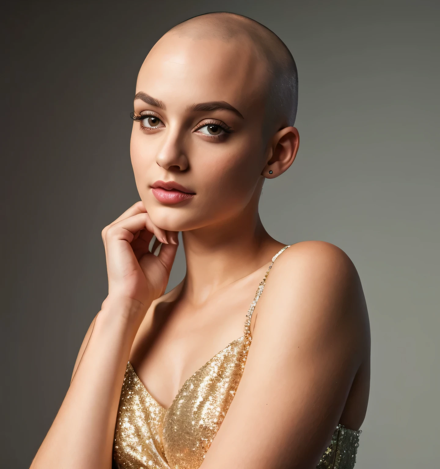 high quality, photo realistic image, cute girl, girl with shiny bald head, big eyes, wearing metal braces on her wrists and hands
