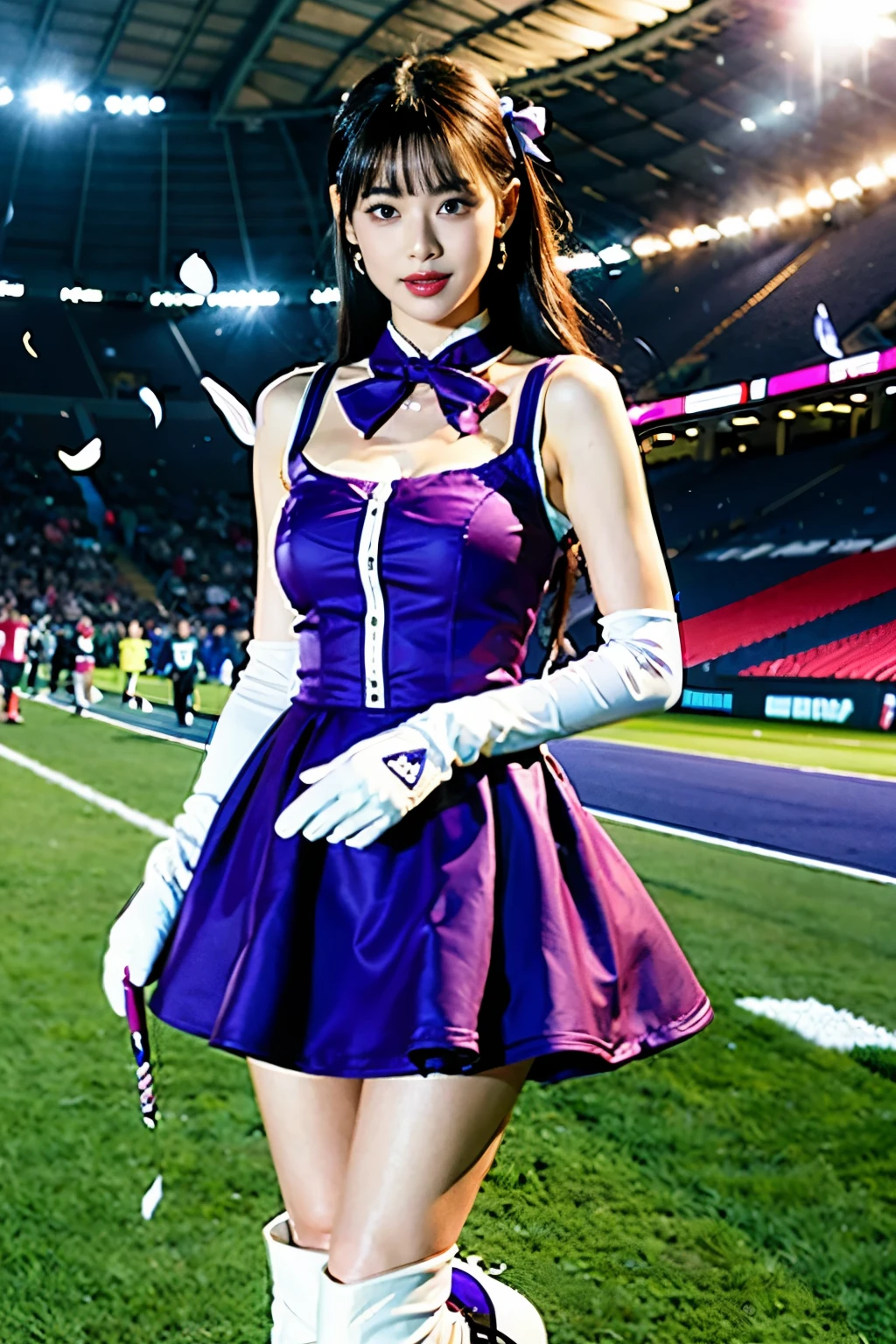 masterpiece, best quality,
narita top road,
grass, stadium, confetti,
standing, sweatdrop, hand up, looking down,
ear cover, star hair ornament, brooch, sleeveless dress, purple dress, white bow, mismatched gloves, white gloves, black gloves, shoulder cutout, puffy long sleeves, detached sleeves, see-through sleeves, frills, shorts under dress, short shorts, purple shorts, thigh strap, knee boots, purple footwear,