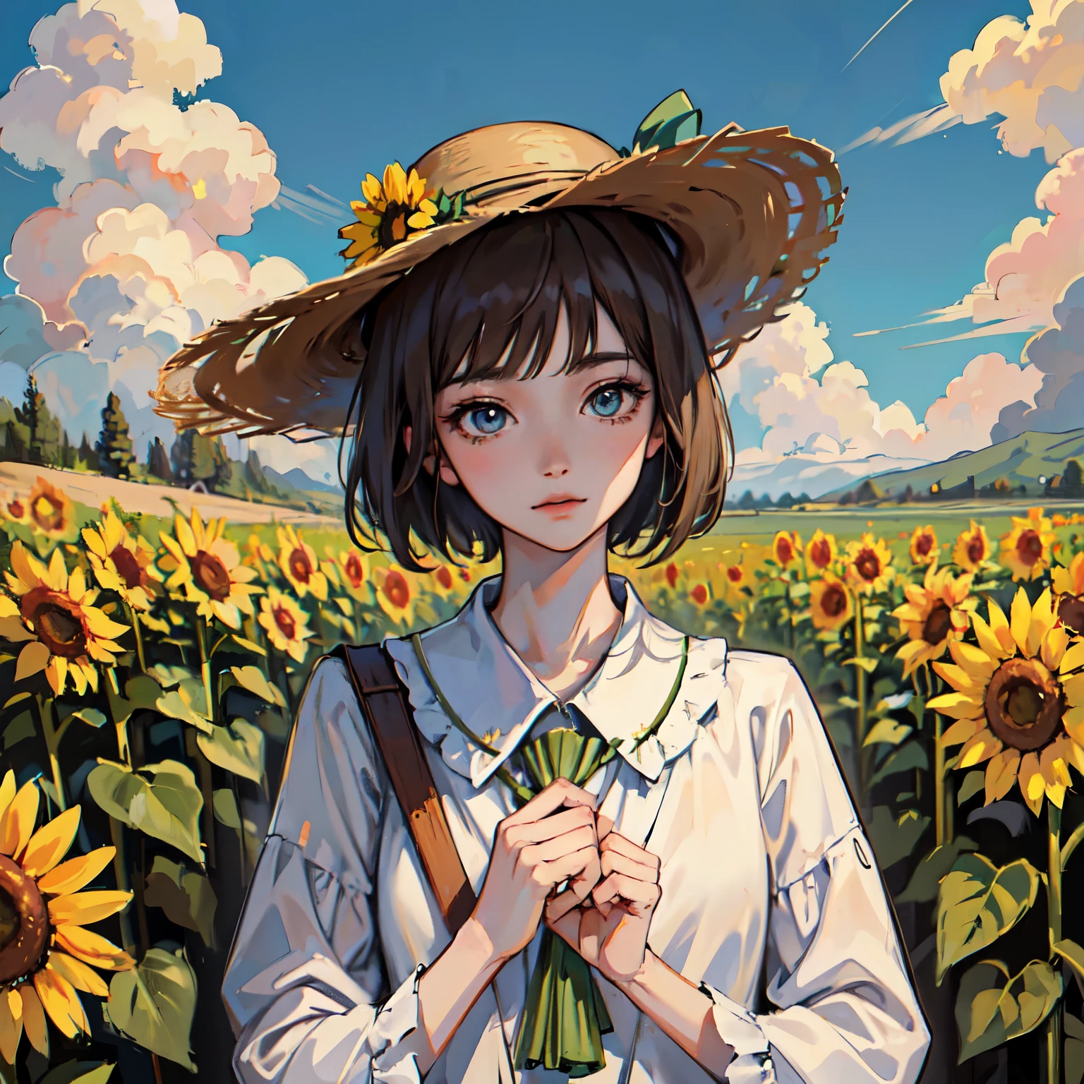 high high quality,tmasterpiece,Delicate facial features,Delicate hair,Delicate eyes,Delicate hair,animemanga girl,himawari, Straw Hat Hat,Short brunette hair,Green dress, Fantastic flower garden,Beautiful sunflowers,romanticism lain, anime art style,(Anime girl), anime artsyle,8K high quality detailed art(Delicate facial portrayal)(Fine hair portrayal)(highest quality)(Master masterpieces)(High degree of completion)(a sense of atmosphere)8k wallpaper,tmasterpiece,Best quality at best,ultra - detailed