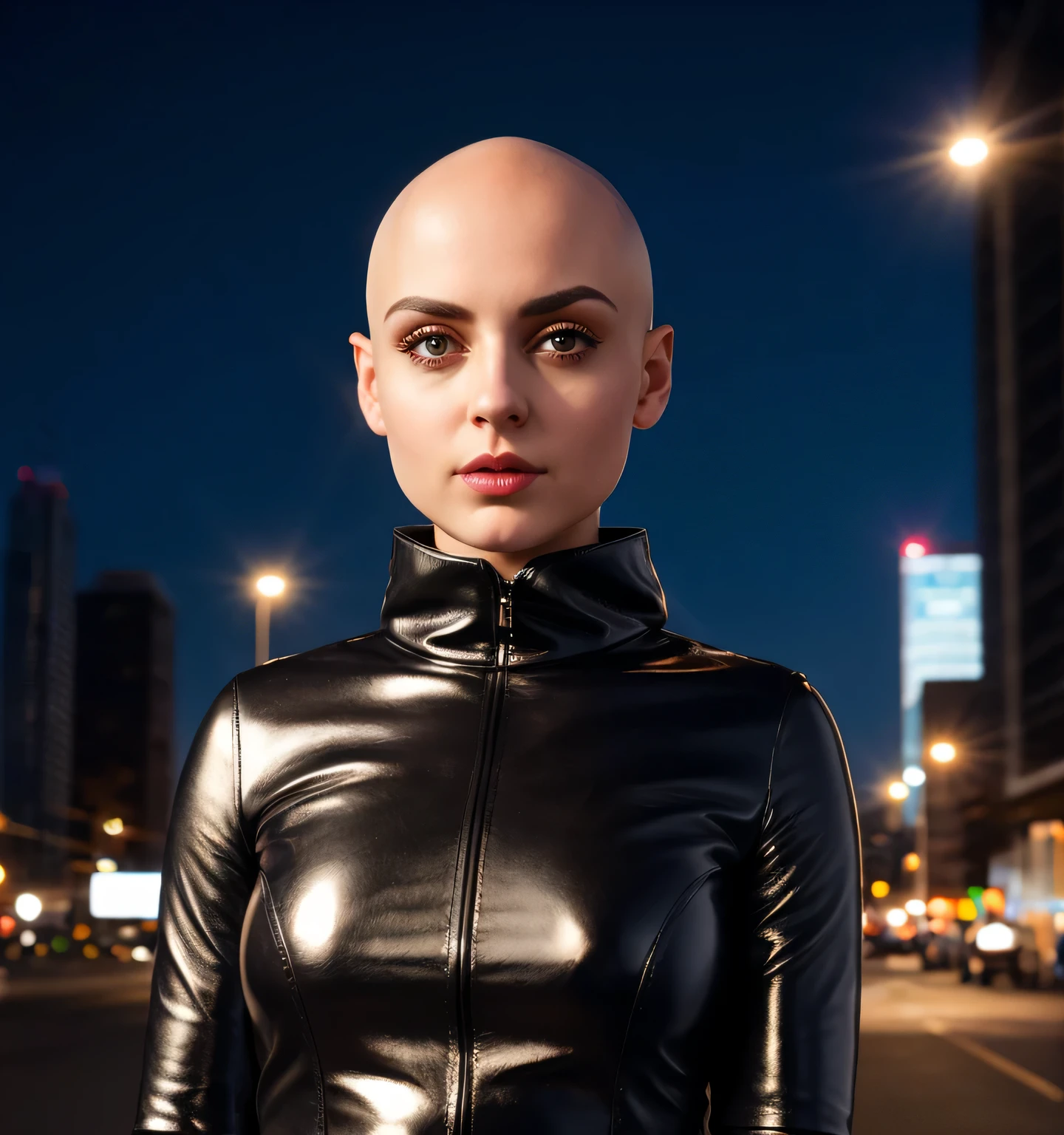 high quality, photo realistic image, cutest girl with shiny bald head, her head is shaved smooth, big eyes, she is outside at night in winter city,she wears a large leather collar, she has average breasts exposed