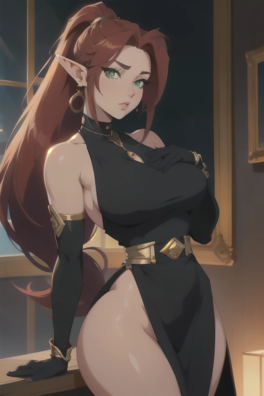 elf, long red ponytail hair, green eyes, long black gloves, tight black dress with gold details, sexy look, elegant jewelry, curvy body, portrait, anime, 4k, Ultra hd, HD, high definition, 8k, soft lighting, portrait from the waist up, no nude, masterpiece