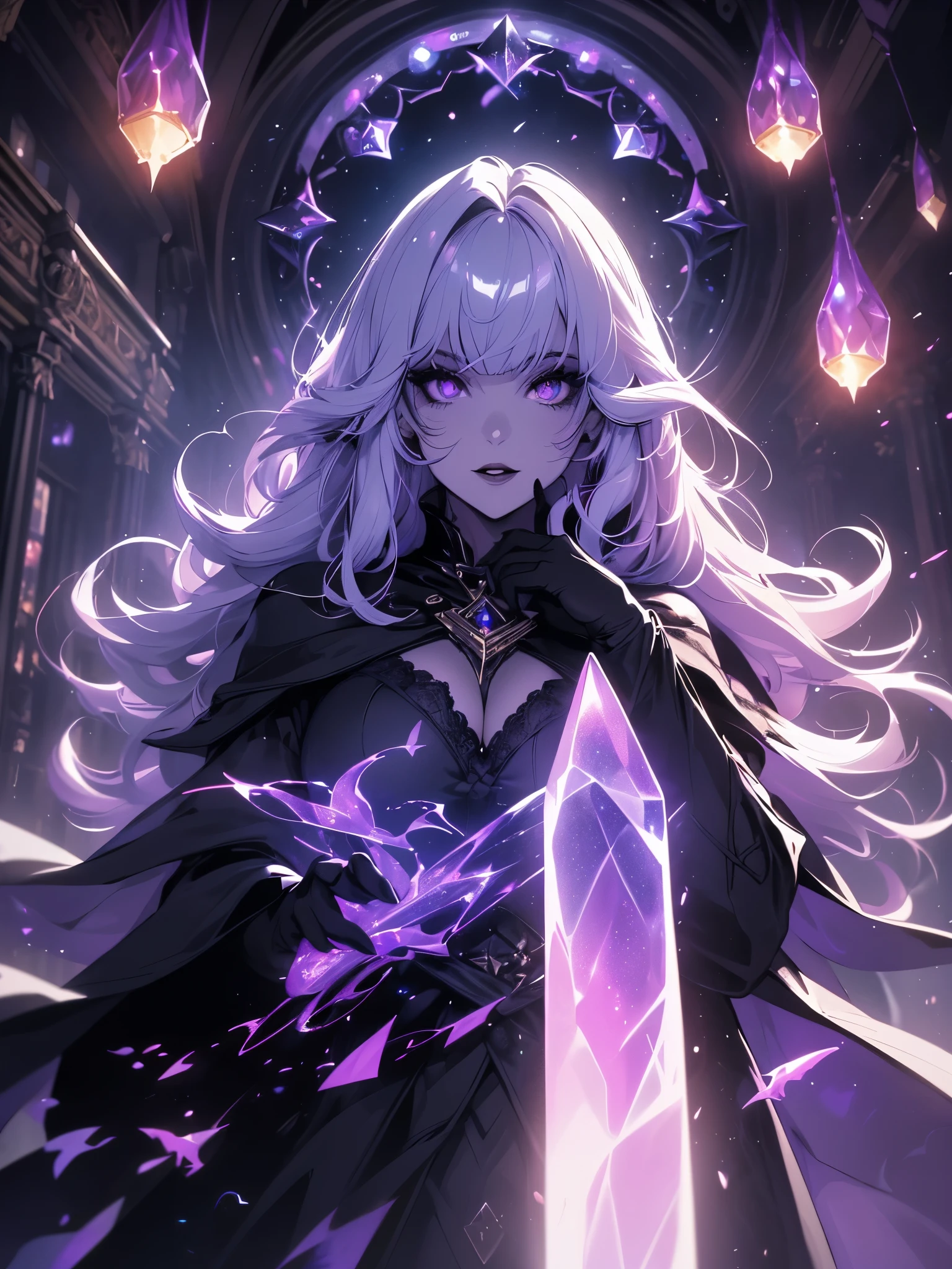 A dark witch with thick lips, star-like mouth, purple red lips, illuminated purple eyes, white hair, long hair, elf ears, long white cape, black lower parts, black gloves, high open collar with black button, cleavage, belly showing, big ass, (((dark wizard setting with floating books, low light and leaks))), {extremely detailed 16k CG unit wallpaper}, expansive landscape photography, (a low-focus view on character and setting), (wide open field view), (low angle shot), (high light: 1.2), (low light: 1.6), (warm light source: 1.2), complex details, (colors iridescent: 1.5), (bright lighting), (atmospheric lighting), dreamy, unique,