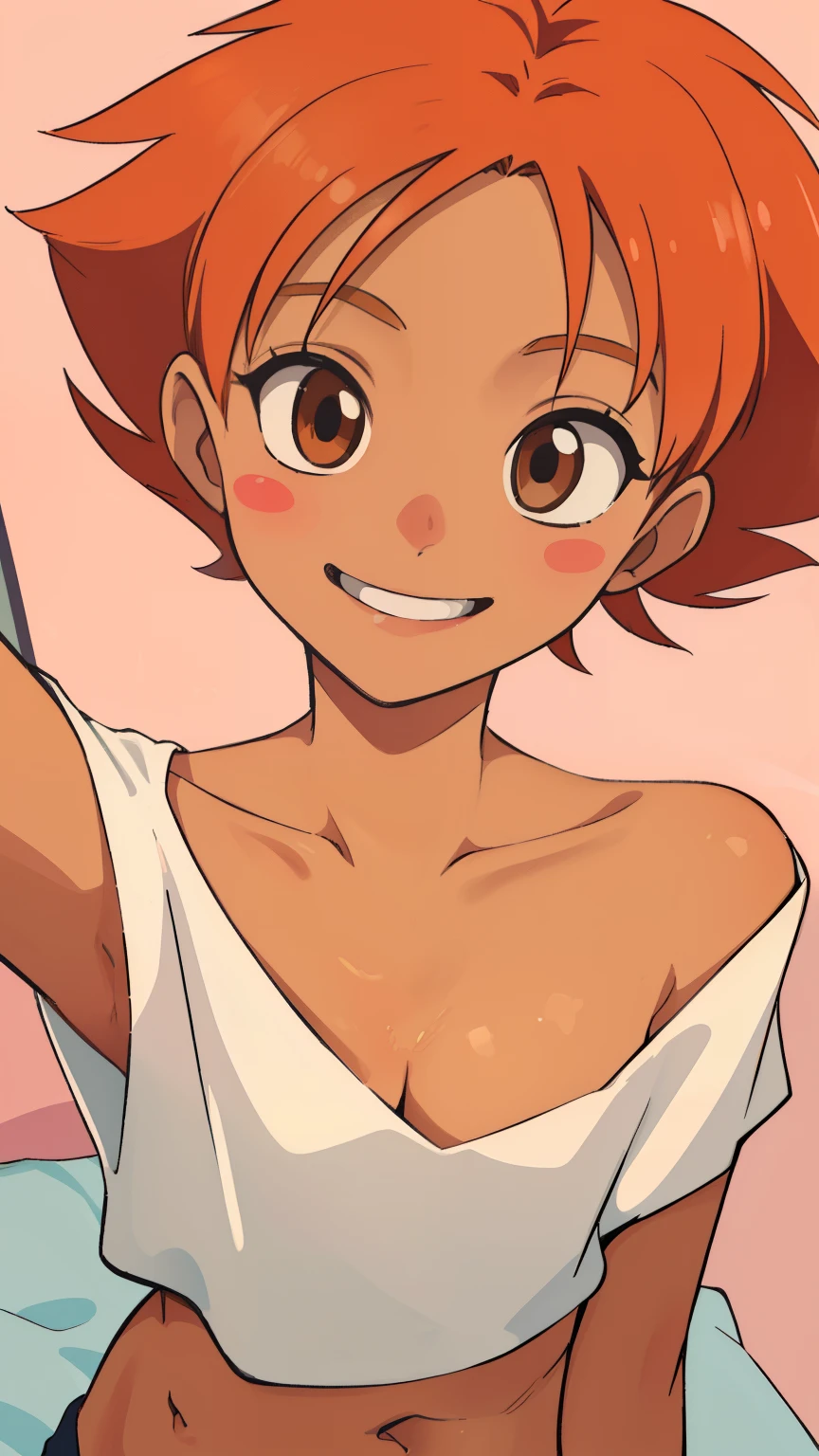 Edward,midriff,orange hair,collarbone,tan skin, white off the shoulder midriff, selfie, ((close up)) bedroom background, blush stickers, brown eyes, smiling, cleavage, (insanely detailed, beautiful detailed face, masterpiece, best quality), ((18 years old))