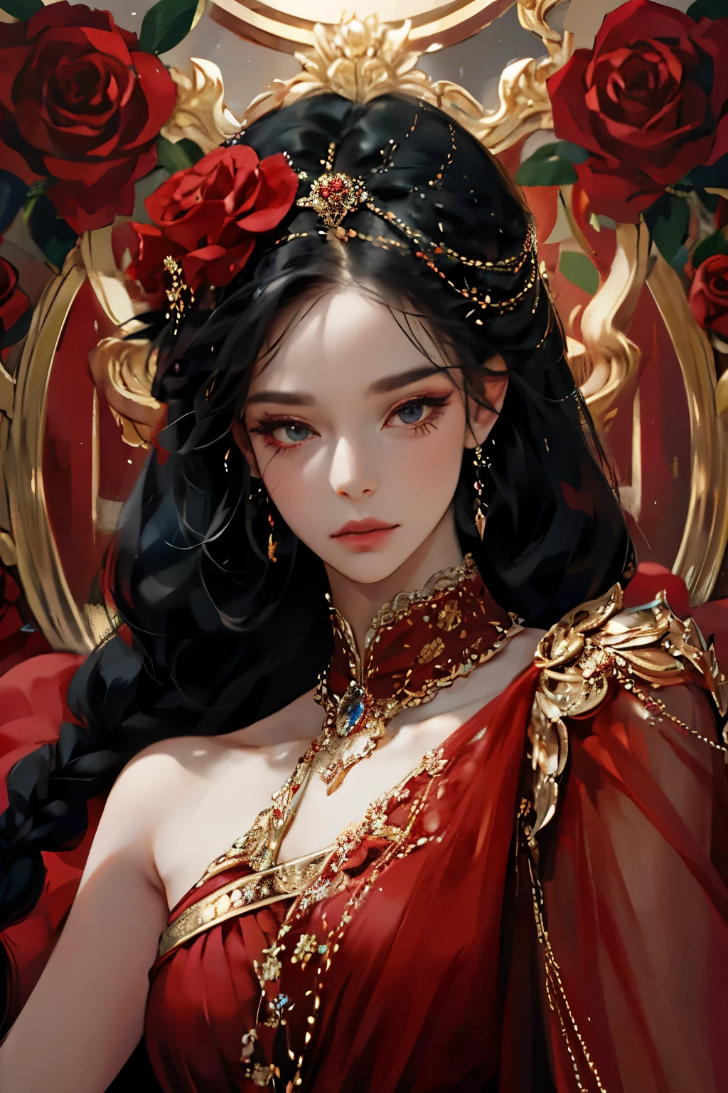 {masterpiece},{best quality},{1 girl}, noble, imperial red rose，Wearing a red rose hair ornament on the head，Astonishing, Beautiful and delicate eyes, black eyes, Coiled hair，Twist braids，black hair,fine details,depth of field,Extremely detailed CG,The original, Very detailed wallpaper,Upper body, looking at the audience